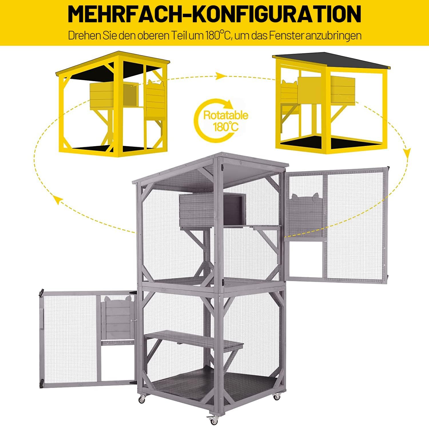 Katzenhaus Outdoor Catio Kitty Gehege mit super großer Eingangstür, Holz-Katzenkäfig Condo Indoor-Laufstall mit Plattformen und kleinem Haus