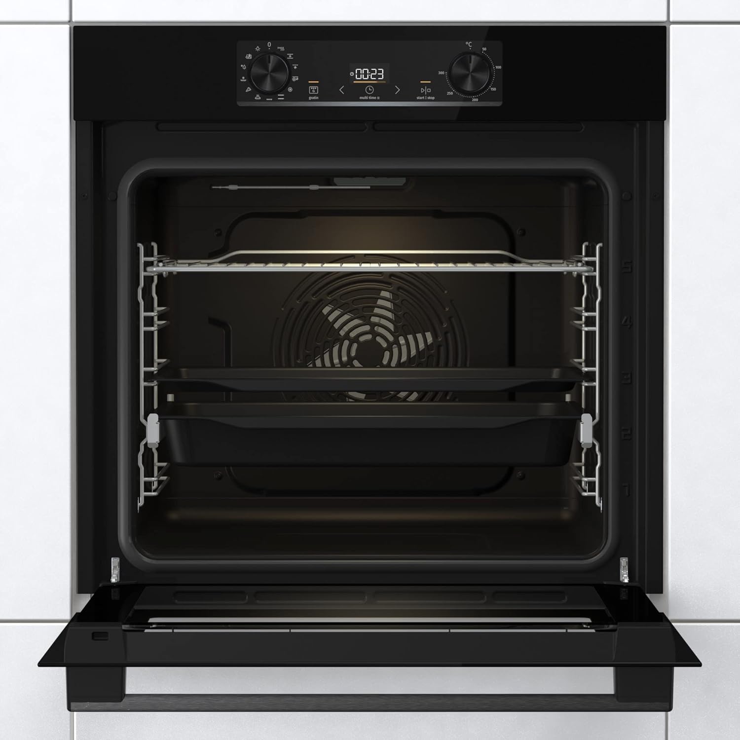 Gorenje 738971 Einbaubackofen-Set OptiBake Black Steam Pyro Set / 77L / Heißluft/Pyrolyse/ExtraSteam/GentleClose/AirFry/Pizzamode 300°C/PerfectGrill/Induktions-Kochfeld mit BridgeZone/schwarz