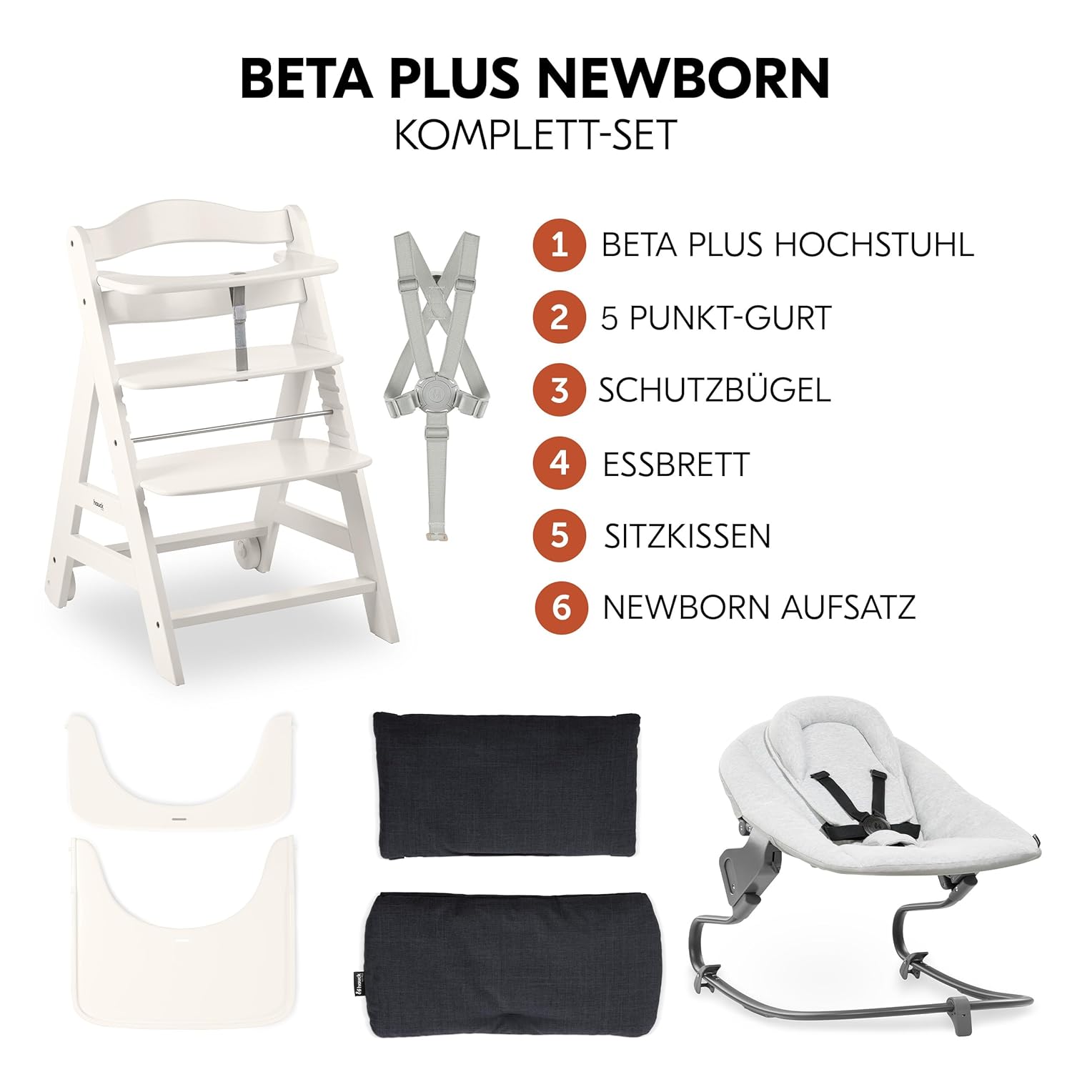 hauck Hochstuhl Beta+ Newborn Set Premium Dark Grey - Babyhochstuhl Set ab Geburt mit Neugeborenen Aufsatz Bouncer, Sitzpolster und Essbrett - Dark Grey