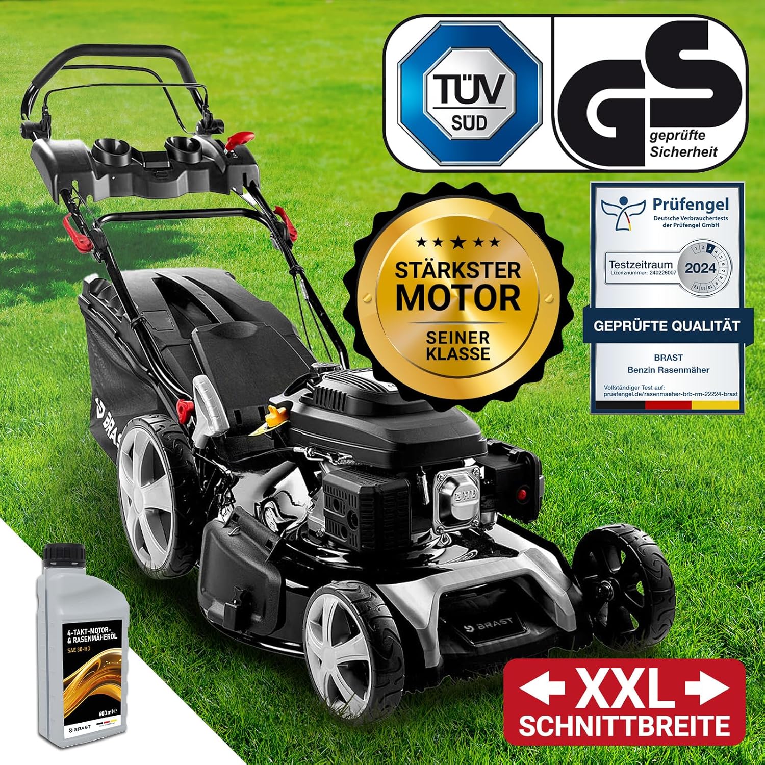 BRAST® Benzin Rasenmäher mit Antrieb | 5,2kW (7PS) | 55cm Schnittbreite | viele Modelle | TÜV | 30-80mm Schnitthöhe | 60L Fangkorb | 4 Takt OHV Motor | Stahlgehäuse | Power