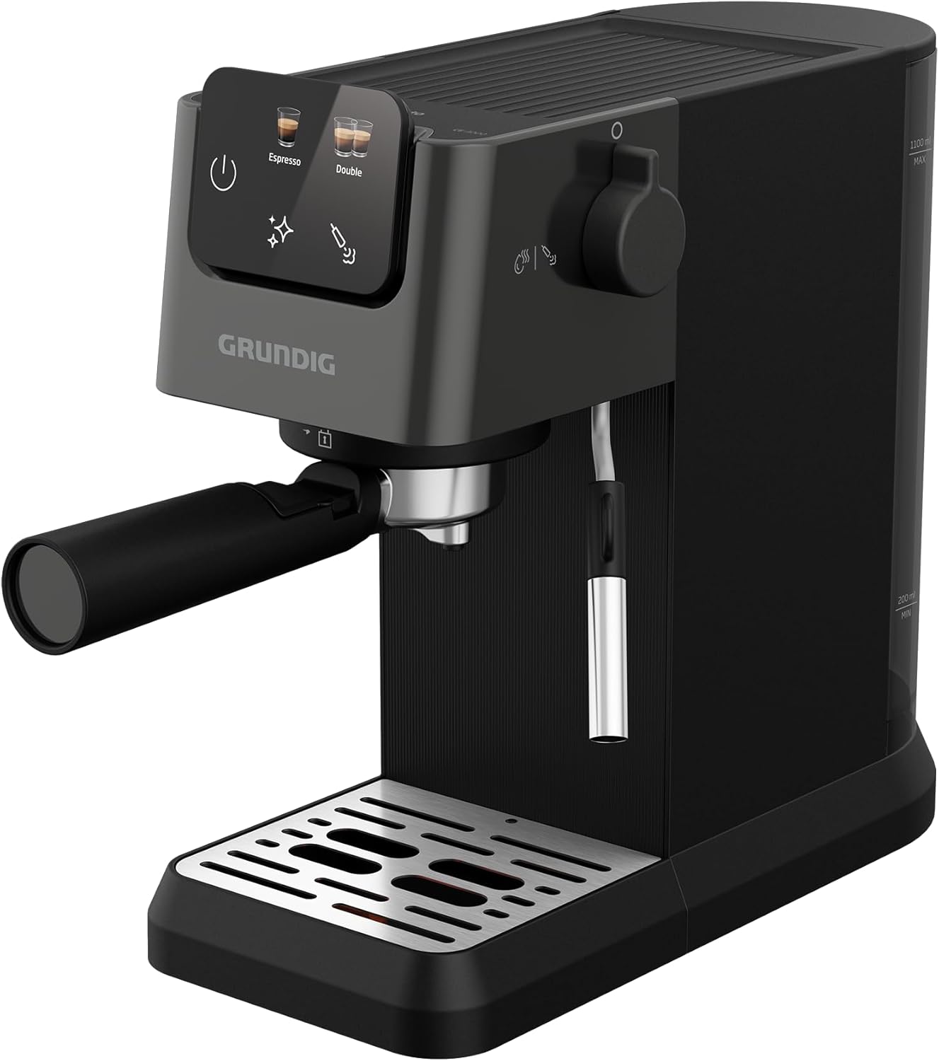 GRUNDIG KSM 5330 Siebträgermaschine mit integriertem Milchbehälter, 1628 W Leistung, 15 bar Pumpendruck, Zweifachdüse, farbiges Touch-Display, BrewSense, CreamyPro, Dark Inox/Schwarz