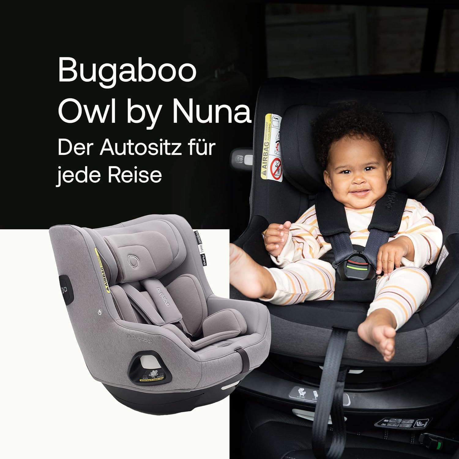Bugaboo Owl by Nuna Isofix Kindersitz von der Geburt bis 4 Jahre, 0-18 kg. 360 Grad drehbar, Gruppe 0+/1, ultimativer Komfort und Sicherheit, verstärkte Schale und seitlicher Aufprallschutz, Grey