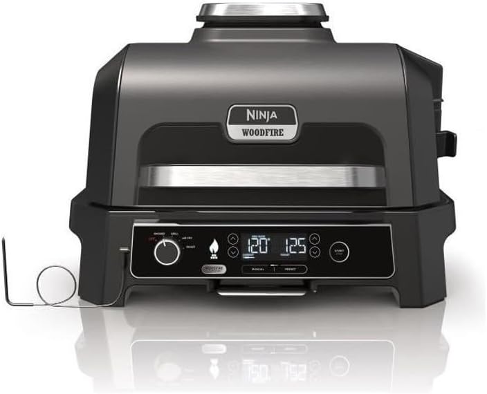 Ninja Woodfire Electric BBQ Grill & Smoker & Air Fryer, 7-in-1 Outdoor BBQ Grill, Air Fry, Smoke, Roast, Bake and more, Weather Resistant, Non-Stick, Portable, Electric, Grey/Black OG701EU