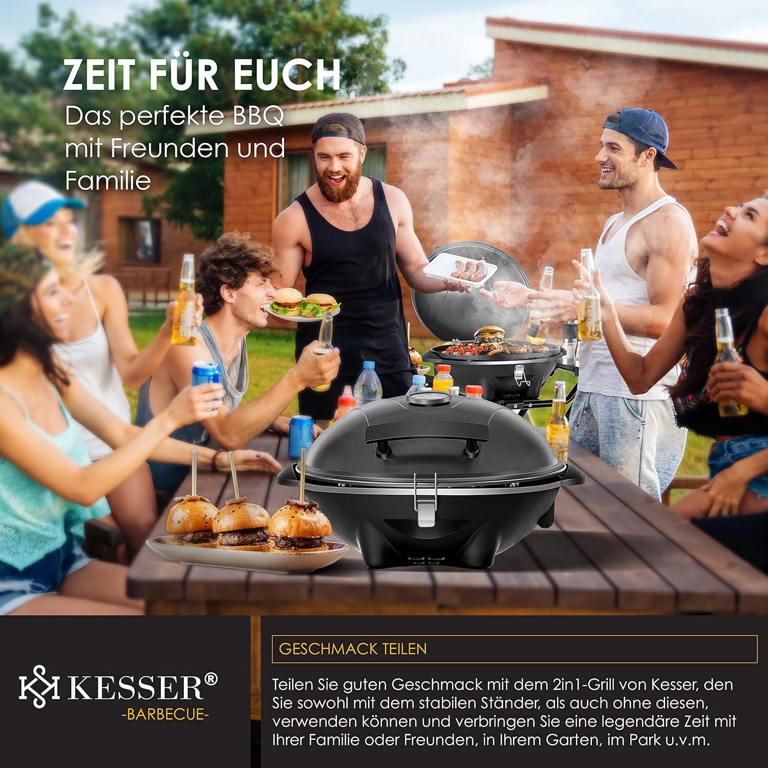 KESSER elektrischer Elektrogrill 2in1 Tischgrill - Standgrill mit Deckel und Standfuß | max. 2400 Watt | Faltbar | Thermostat | Antihaftbeschichtung | Grillplatte Abstelltische | 2 Räder |