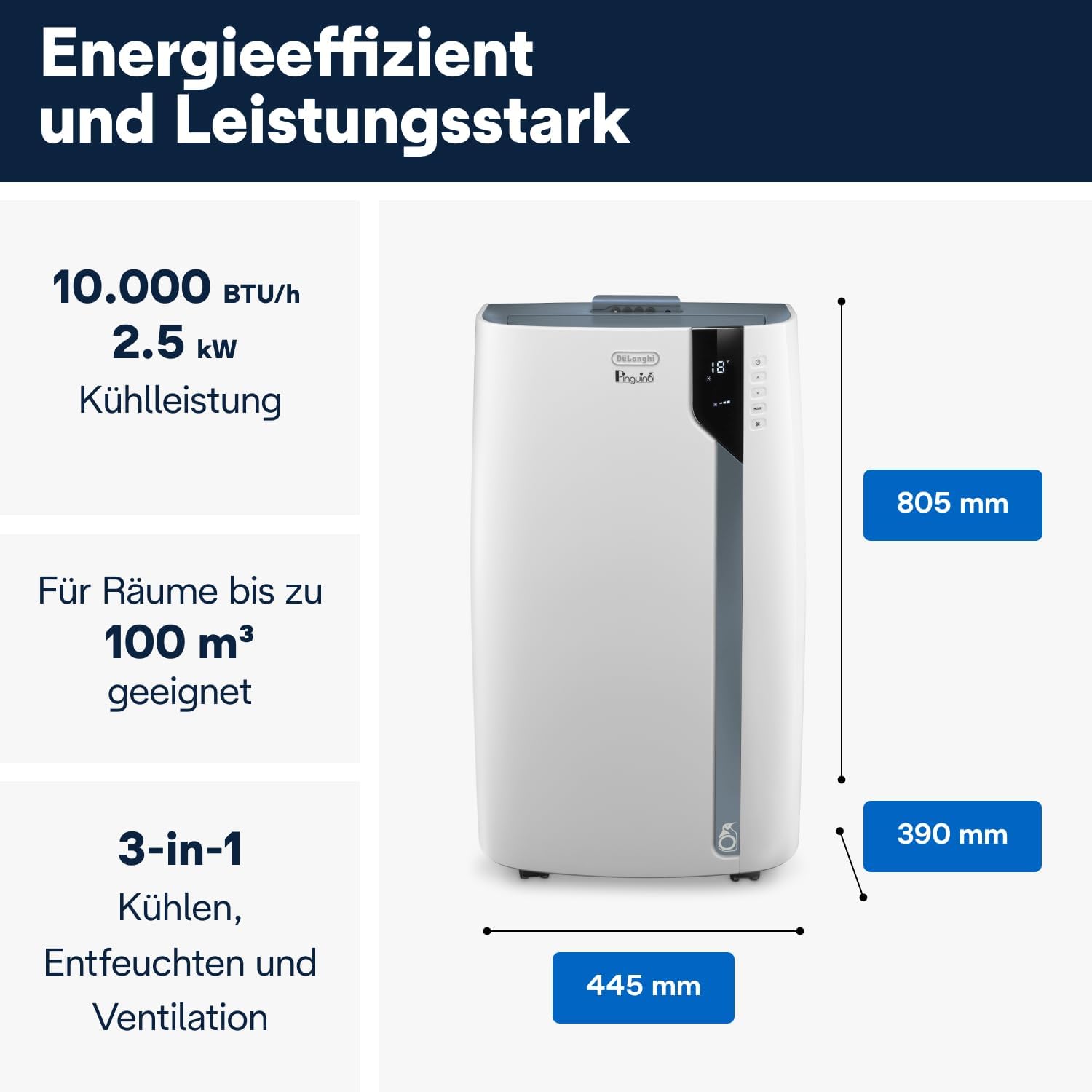 De'Longhi Pinguino PAC EL112 CST WiFi, Mobile Klimaanlage mit MyEcoRealFeel-Technologie für Räume bis zu 110 m³,11.000 BTU/h, 2,9 kW, 63 dB, Entfeuchtungsfunktion, A+, App- und Sprachsteuerung, Weiß