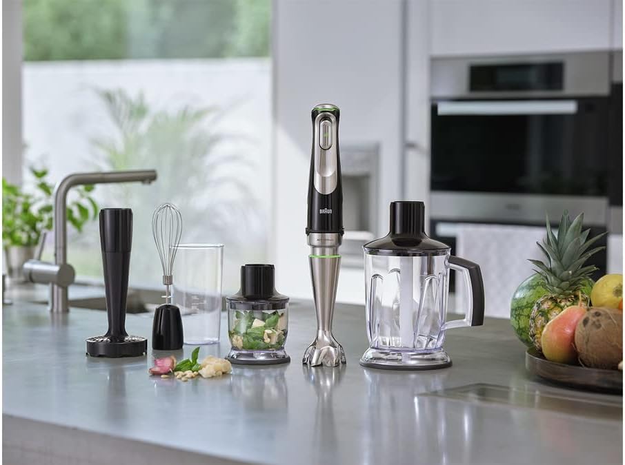 Braun MultiQuick 9 MQ 9187XLI Stabmixer – Pürierstab mit Active PowerDrive Technologie und 5 Zubehrteilen zum Zerkleinern, Stampfen, Rühren und Ice-Crushen, 1200 Watt, schwarz/Edelstahl