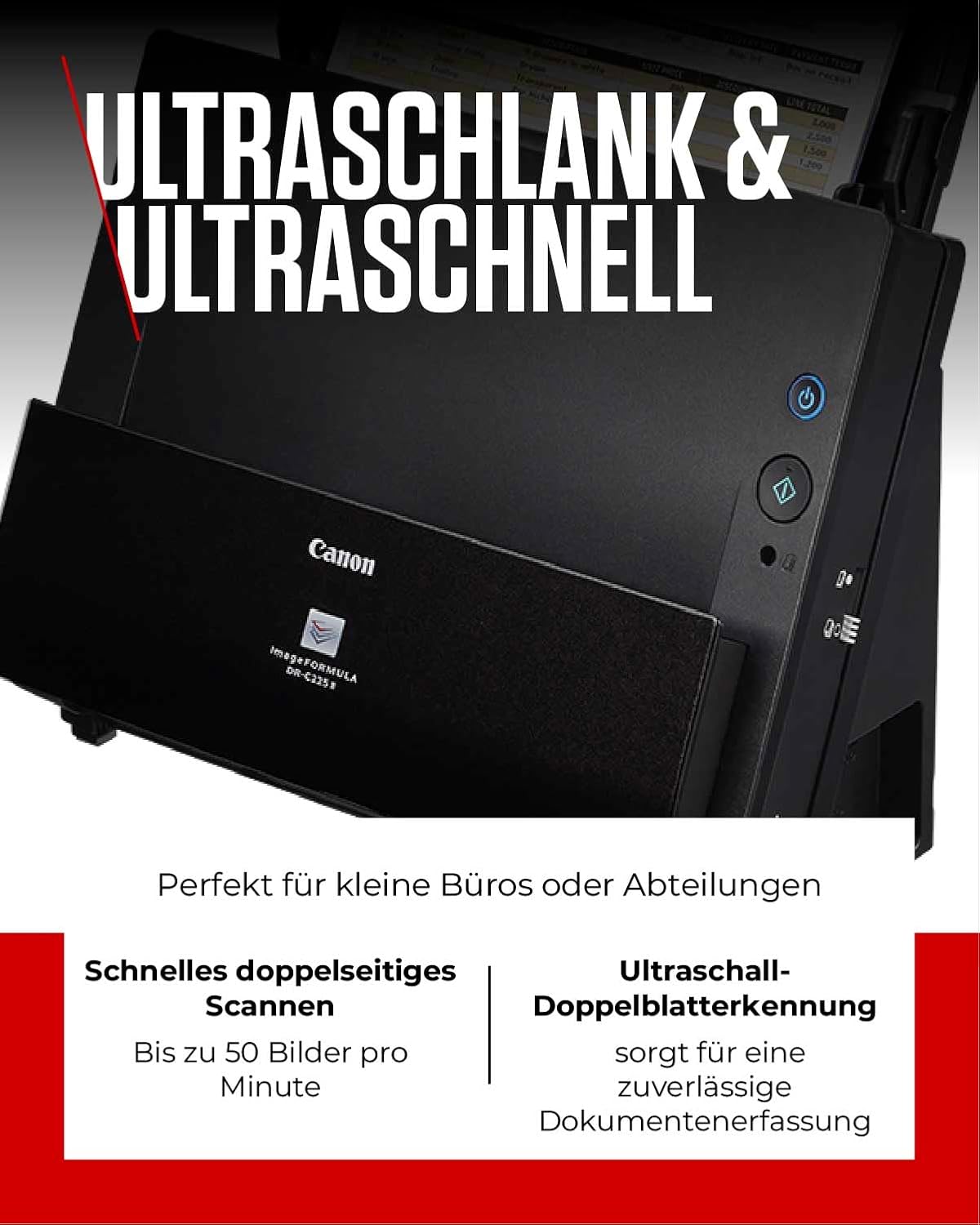 Canon DR-C225 II - imageFORMULA Dokumentenscanner (Duplex, Einzug, Farbe, 600dpi, 25 Seiten/Min, PDF OCR, kompakt, schwarz)