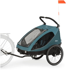 hauck Fahrradanhänger & Kinderwagen Dryk Duo Plus mit Federung, für 2 Kinder (6-48 Monate), inkl. Deichsel, Buggyrad, Fahne und LED Licht, Faltbar, Höhenverstellbar, XL Kofferaum (Dark Green)