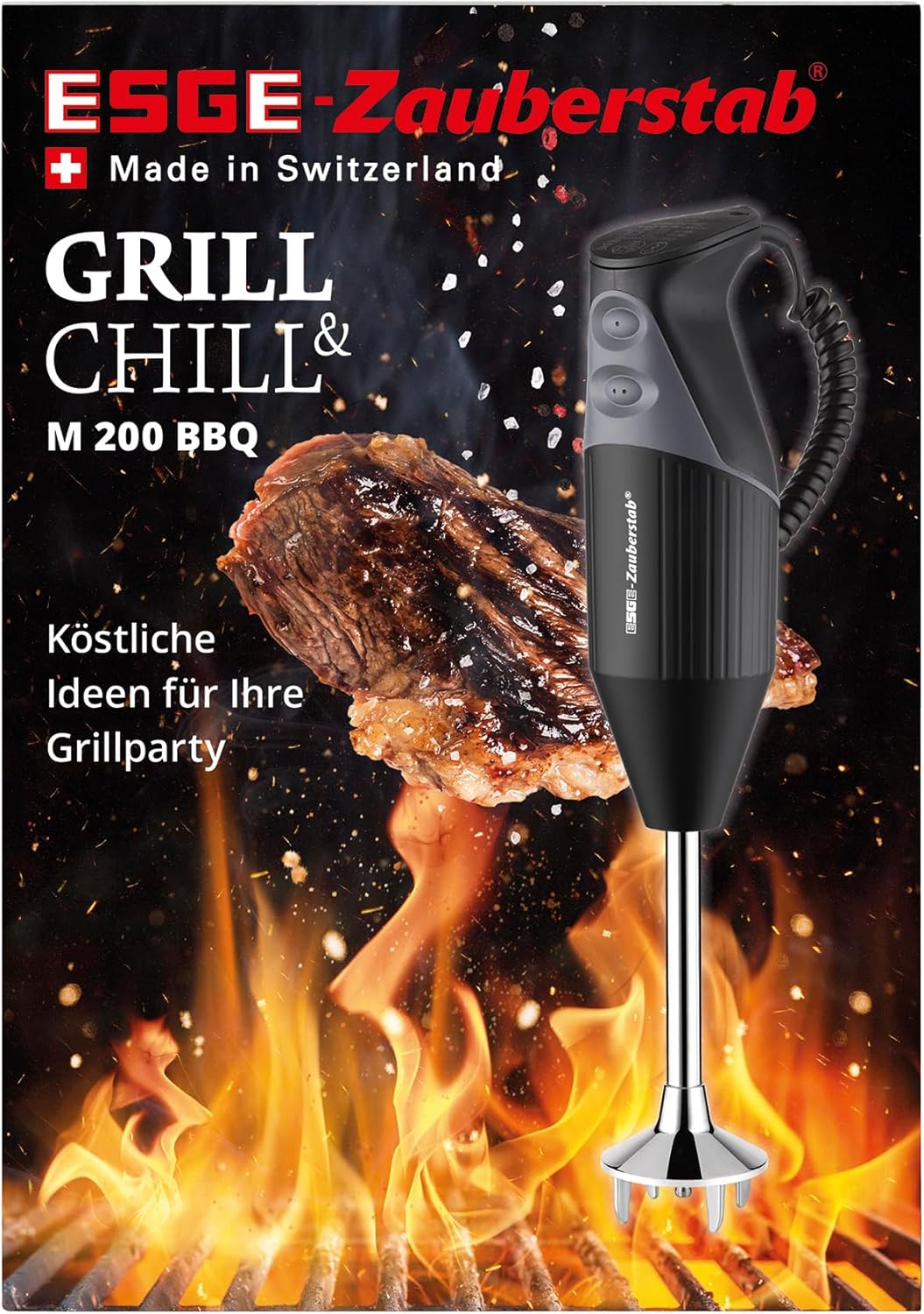 ESGE Zauberstab M 200 BBQ 98215 Stabmixer schwarz, Pürierstab, Handmixer, Profi, inkl. Zubehör, bis zu 17.000 U/Min, 200 Watt, Ergonomisches Griffdesign, Twinschalter, Aufsteckzentrierung, AC-Motor