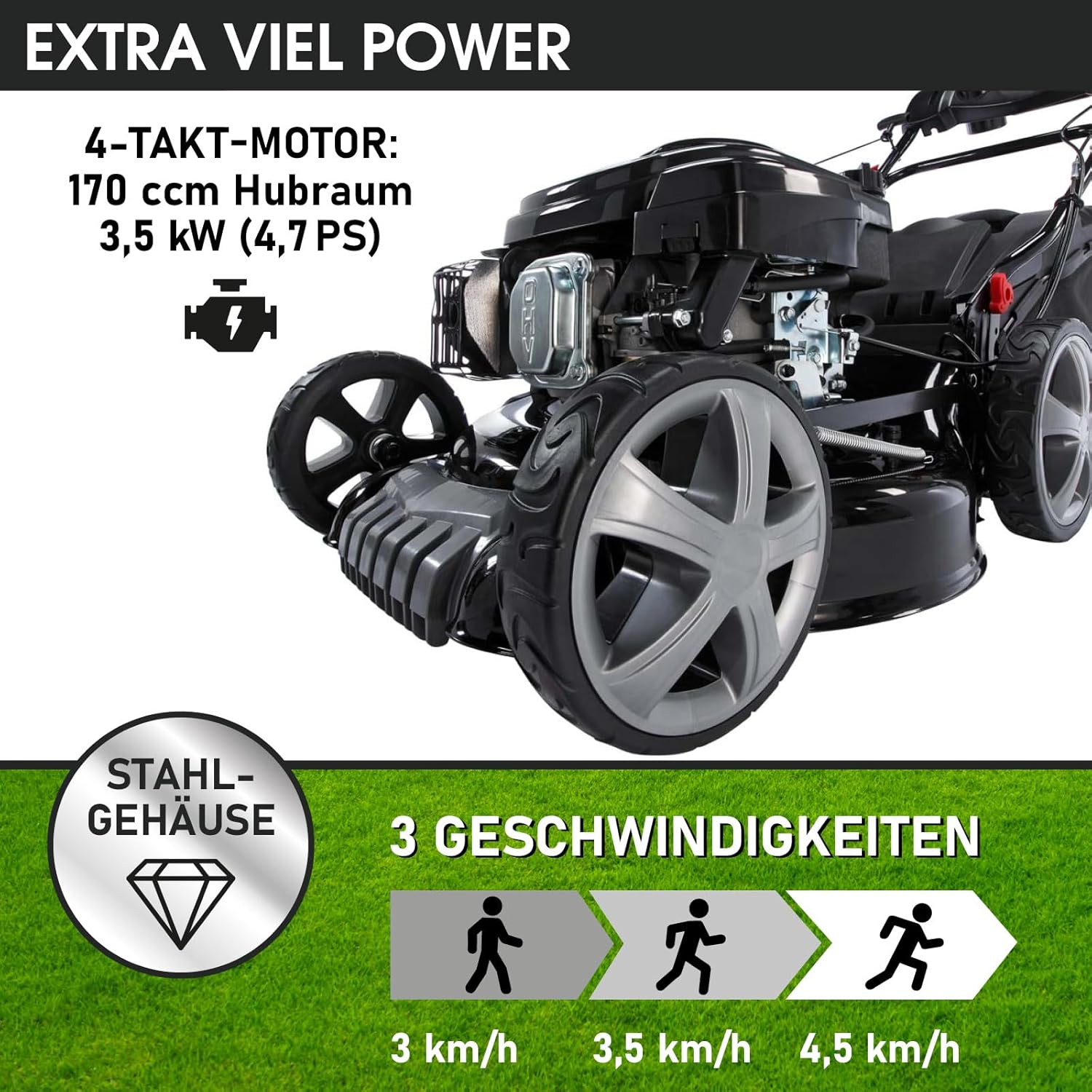 BRAST Benzin Rasenmäher mit Antrieb | 5,2kW(7PS) | Elektrostart | 48cm Schnittbreite | viele Modelle | TÜV | 4 Takt OHV Motor | 30-80mm Schnitthöhe | 60L Fangkorb | Stahlgehäuse | 19224 ESTART Speed