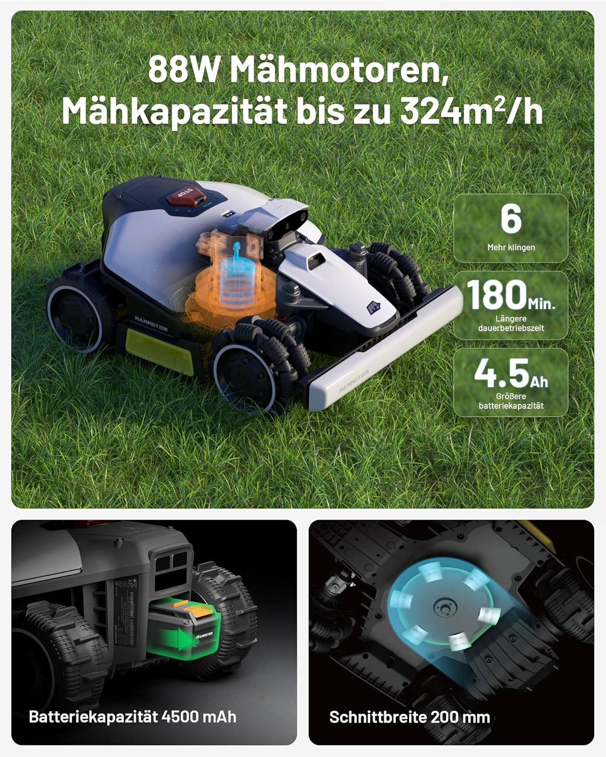MAMMOTION LUBA 2 AWD 3000X Mähroboter ohne Begrenzungskabel, NetRTK+Vision, Keine RTK-Antenne erforderlich, Auto-Kartierung, Empf. 3000m², Max. 3600m², mit 4G-Modul, 80% Steigung