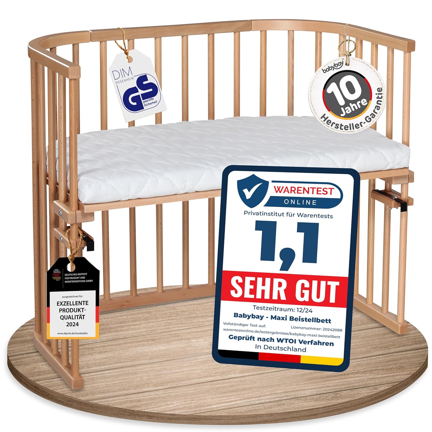 babybay Original Beistellbett aus massivem Buchenholz / kompakt & verwandelbar / Kinderbett Höhe stufenlos verstellbar & umweltfreundlich / mitwachsendes Babybett (weiß lackiert) / inkl. Matratze