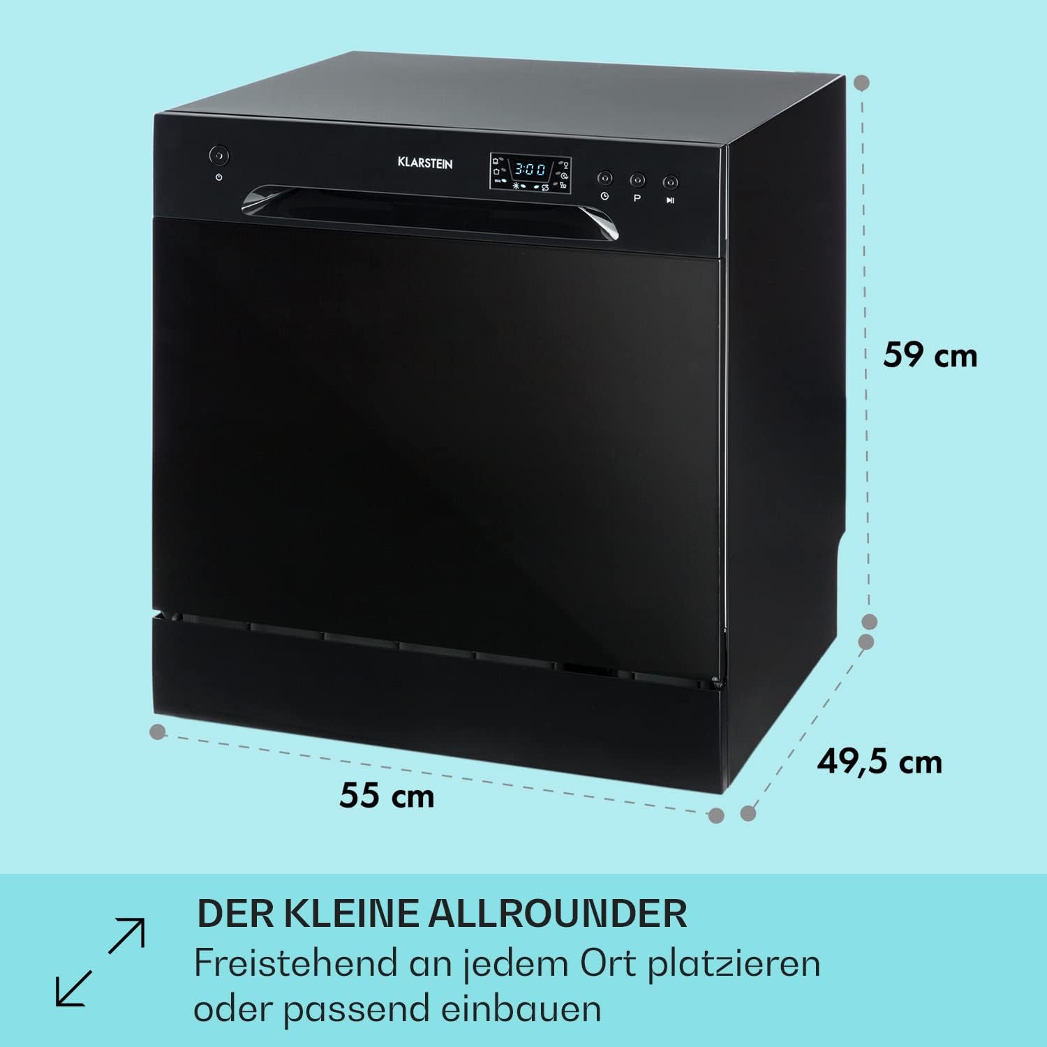 Klarstein ia 8 - Spülmaschine, Geschirrspüler, Freistehend, Teilintegriert, F, 55 cm breit, 8 Maßgedecke, 6 Programme, Aquastop, silber