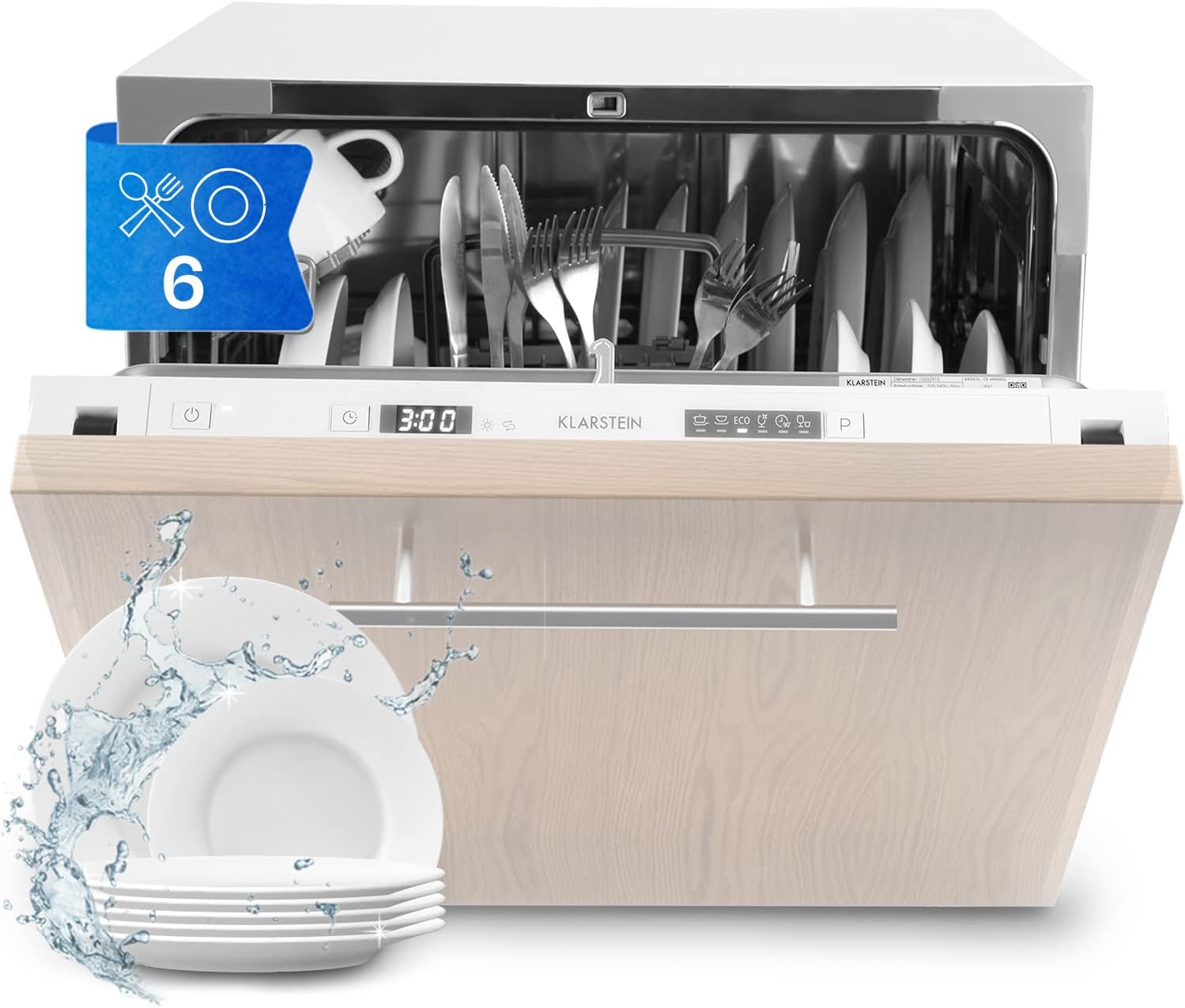 Klarstein ia 8 - Spülmaschine, Geschirrspüler, Freistehend, Teilintegriert, F, 55 cm breit, 8 Maßgedecke, 6 Programme, Aquastop, silber
