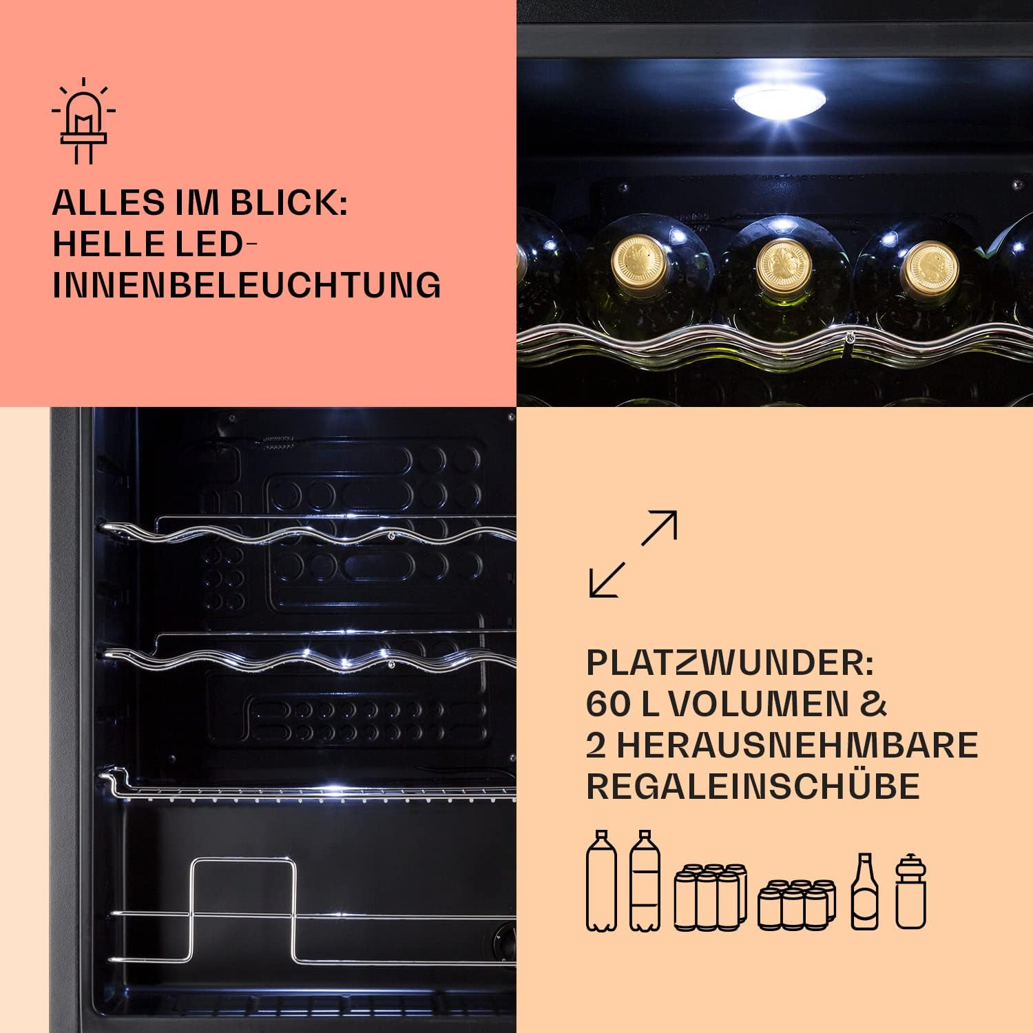 Klarstein Mini Kühlschrank mit Glastür für Zimmer, Getrnkekühlschrank mit Verstellbaren Ablagen, Kleiner 80 Liter, Indoor/Outdoor Kühlschrank Leise