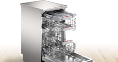 Bosch SPS4HMI61E Serie 4 Freistehender Geschirrspüler / E / 45 cm / Edelstahl / 76 kWh/100 Zyklen / 10 MGD / SuperSilence / Extra Trocknen / VarioSchublade / Home Connect