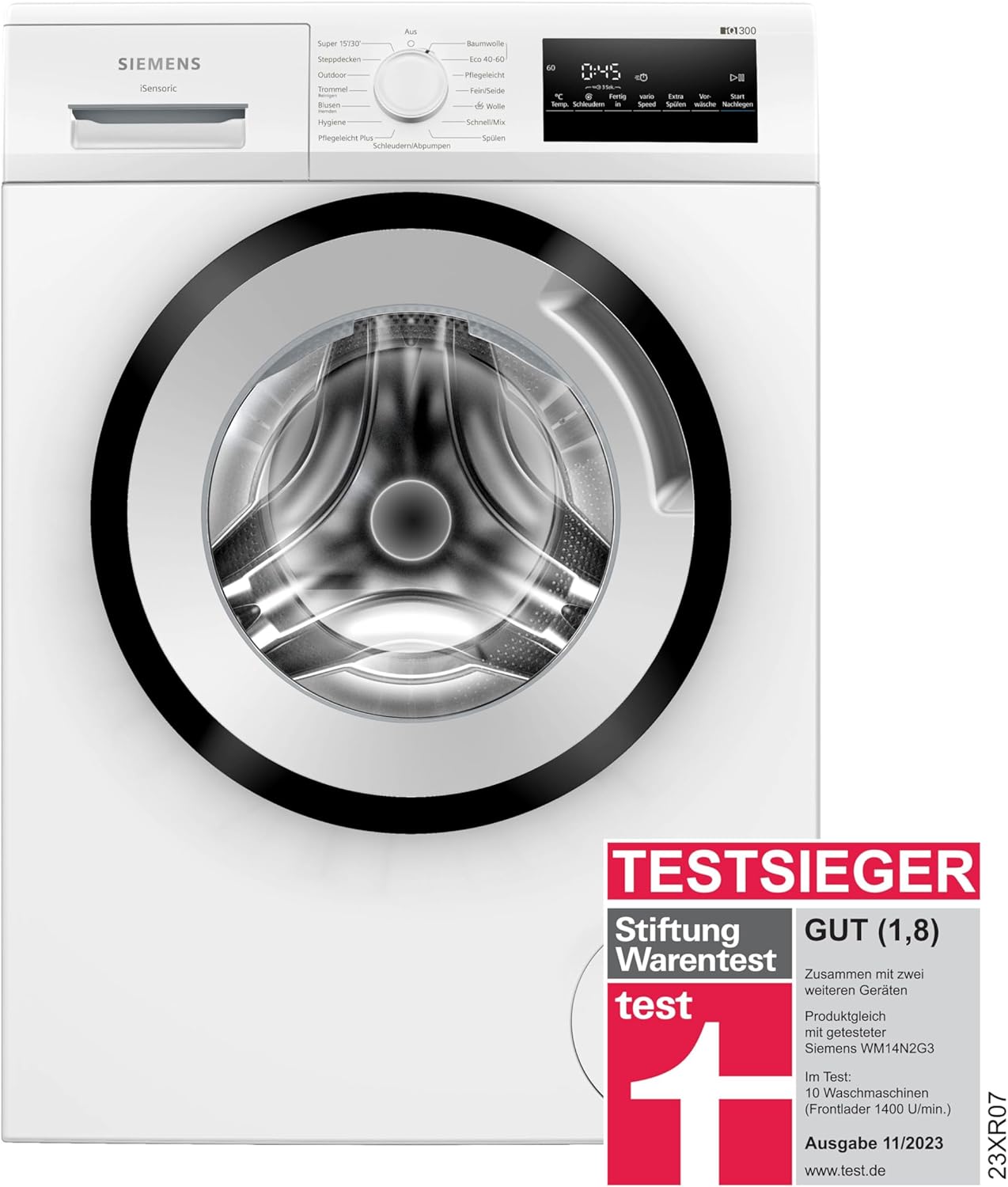 Siemens WM14N223 Waschmaschine iQ300, Frontlader mit 7kg Fassungsvermgen, 1400 UpM, speedPack L, LED-Display,Outdoor-Programm, Wei, 60cm