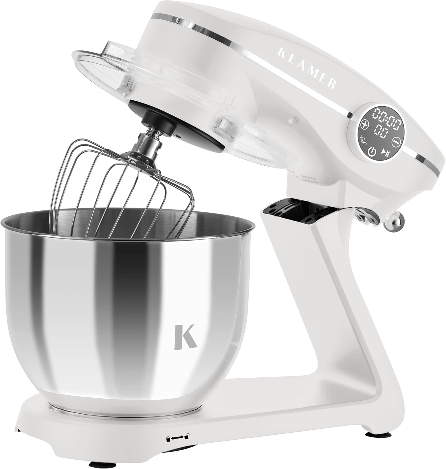 KLAMER Küchenmaschine 1800W, Knetmaschine mit 6 Liter Edelstahl Schüssel, 10 Geschwindigkeitsstufen mit Timer, Rührbesen, Knethaken, Schneebesen und Spritzschutz