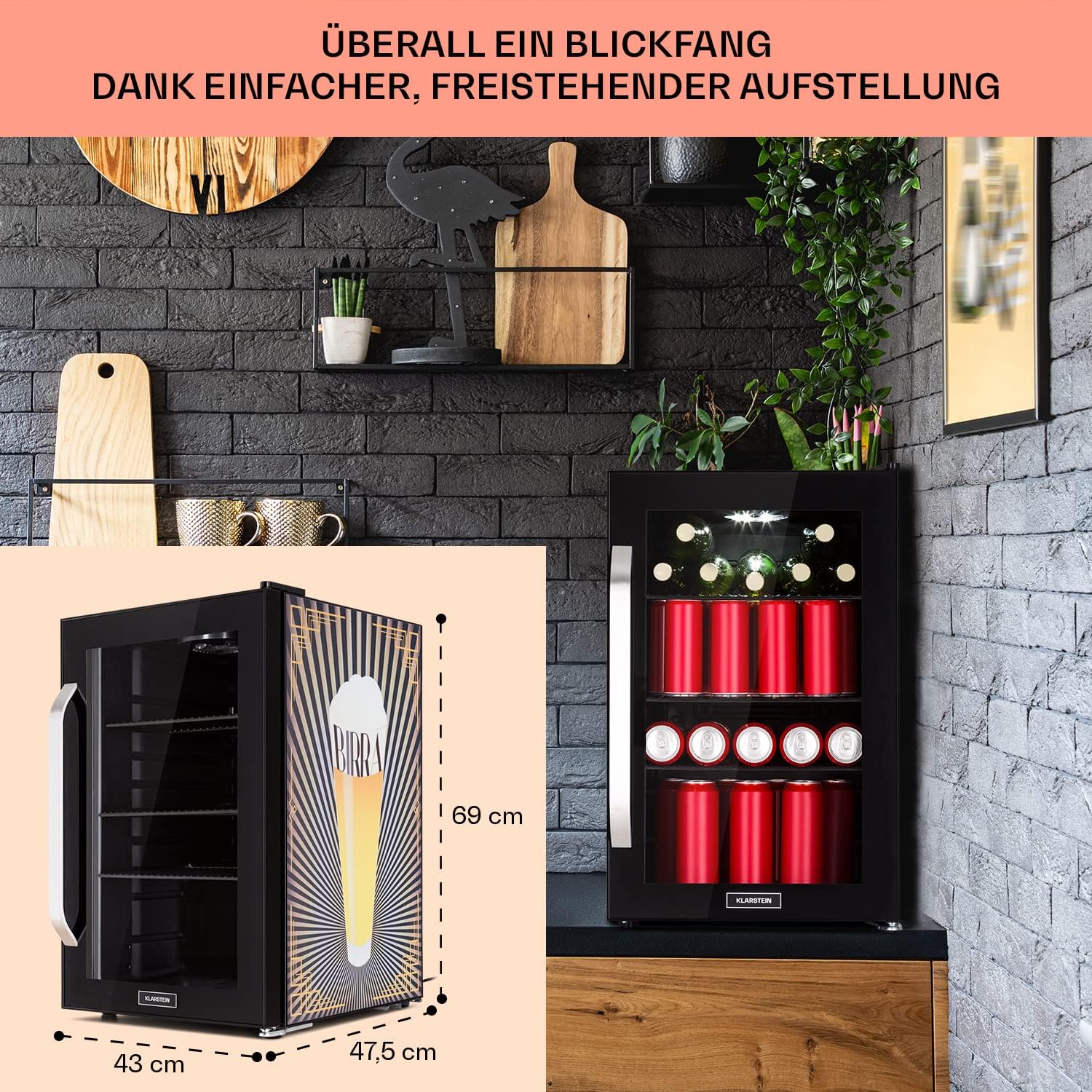 Klarstein Kühlschrank 70L, Kleiner Kühlschrank mit Herausnehmbaren Ablagen, Leiser Mini Kühlschrank mit Glastür & LED, Getränkekühlschrank Klein, Outdoor Geeignet, Biersafe für Flaschen, 0-10°C