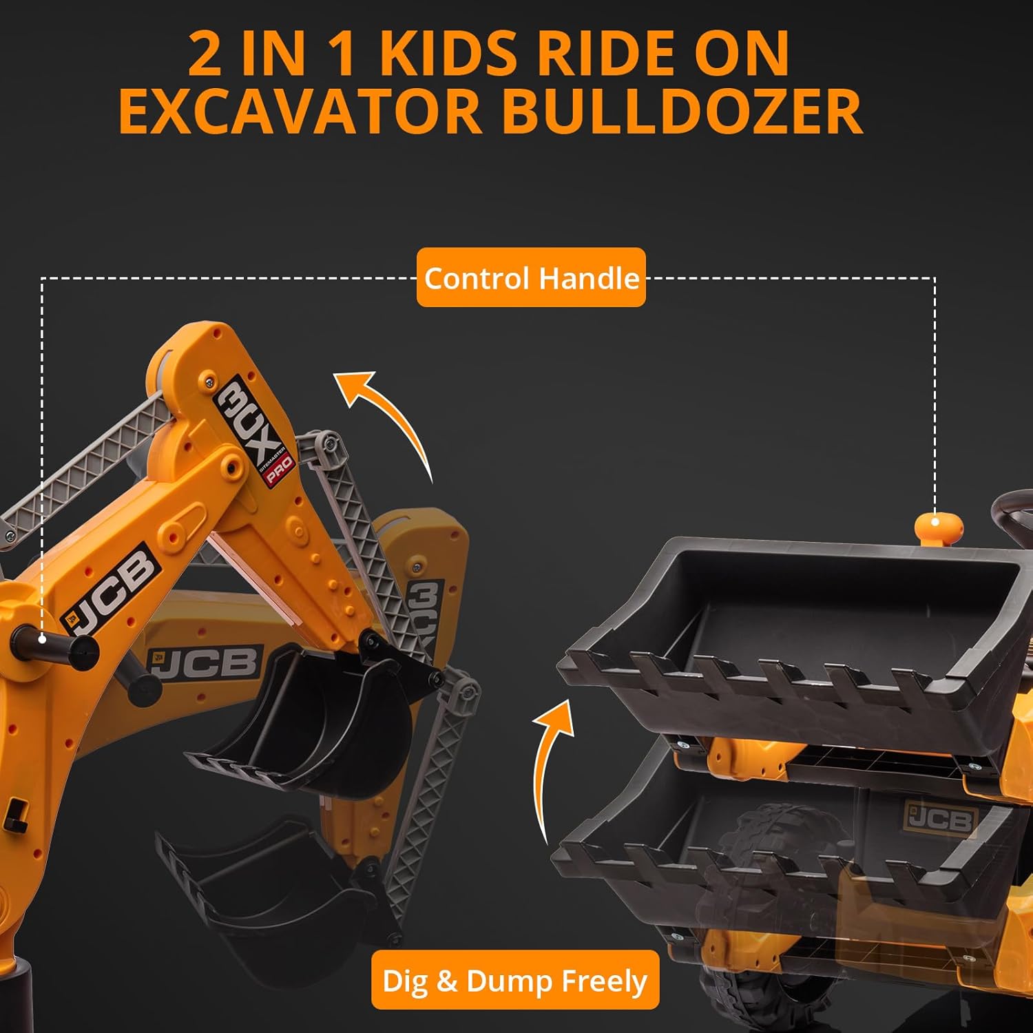 4 in 1 Elektro Bagger & Bulldozer, 12V Kinder Elektrofahrzeuge mit Fernbedienung, Frontlader, Bagger, Hupe, Eva-Reifen, Gelb