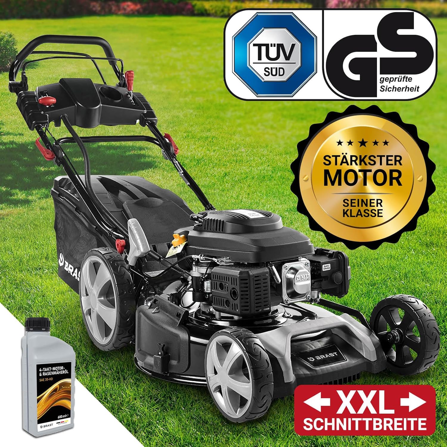 BRAST® Benzin Rasenmäher mit Antrieb | 5,2kW (7PS) | 55cm Schnittbreite | viele Modelle | TÜV | 30-80mm Schnitthöhe | 60L Fangkorb | 4 Takt OHV Motor | Stahlgehäuse | Power