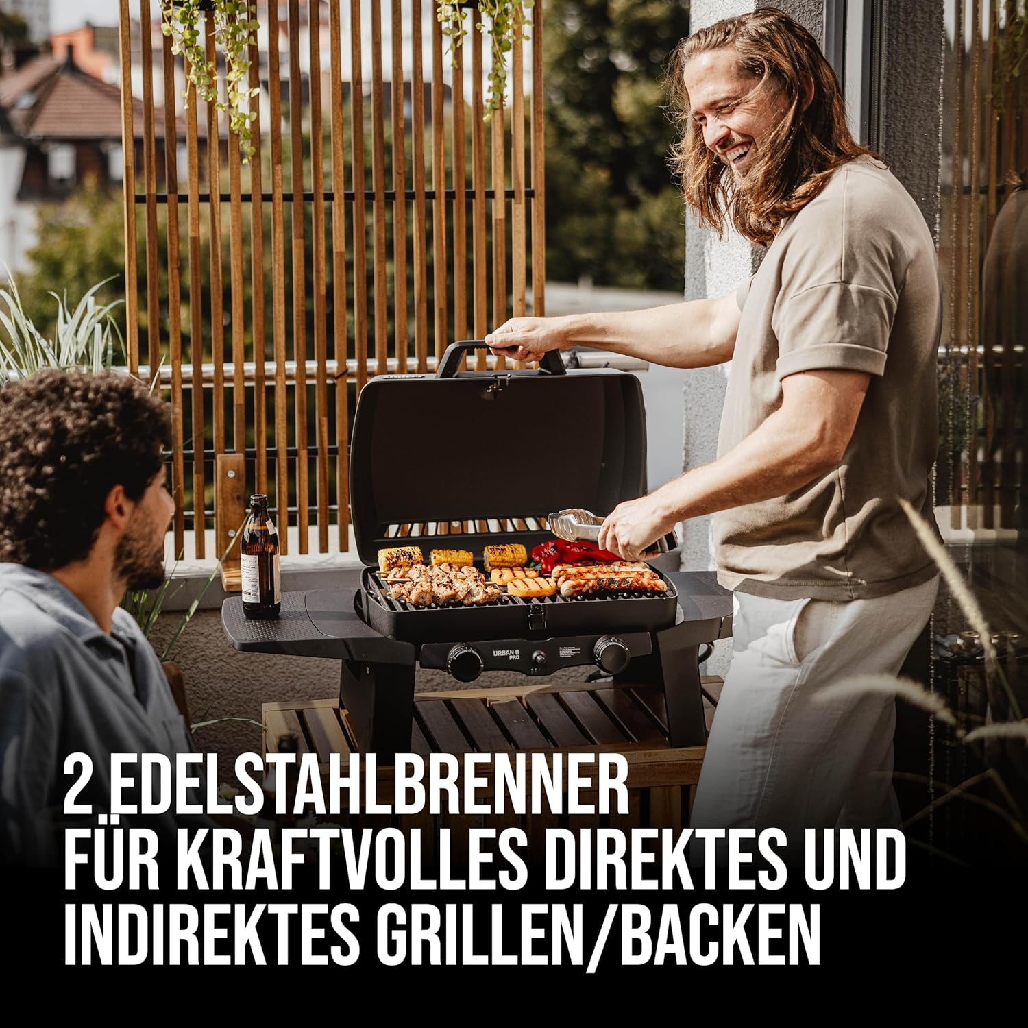 EndersGasgrill Urban II Pro, Tischgrill, Grillen-, Kochen- und Backen Funktion, 2 Brenner Edelstahl, mit Grill-Thermometer, Balkon-, Camping-Grill, Aluguss-Gehäuse, Gusseisen-Rost, #2062