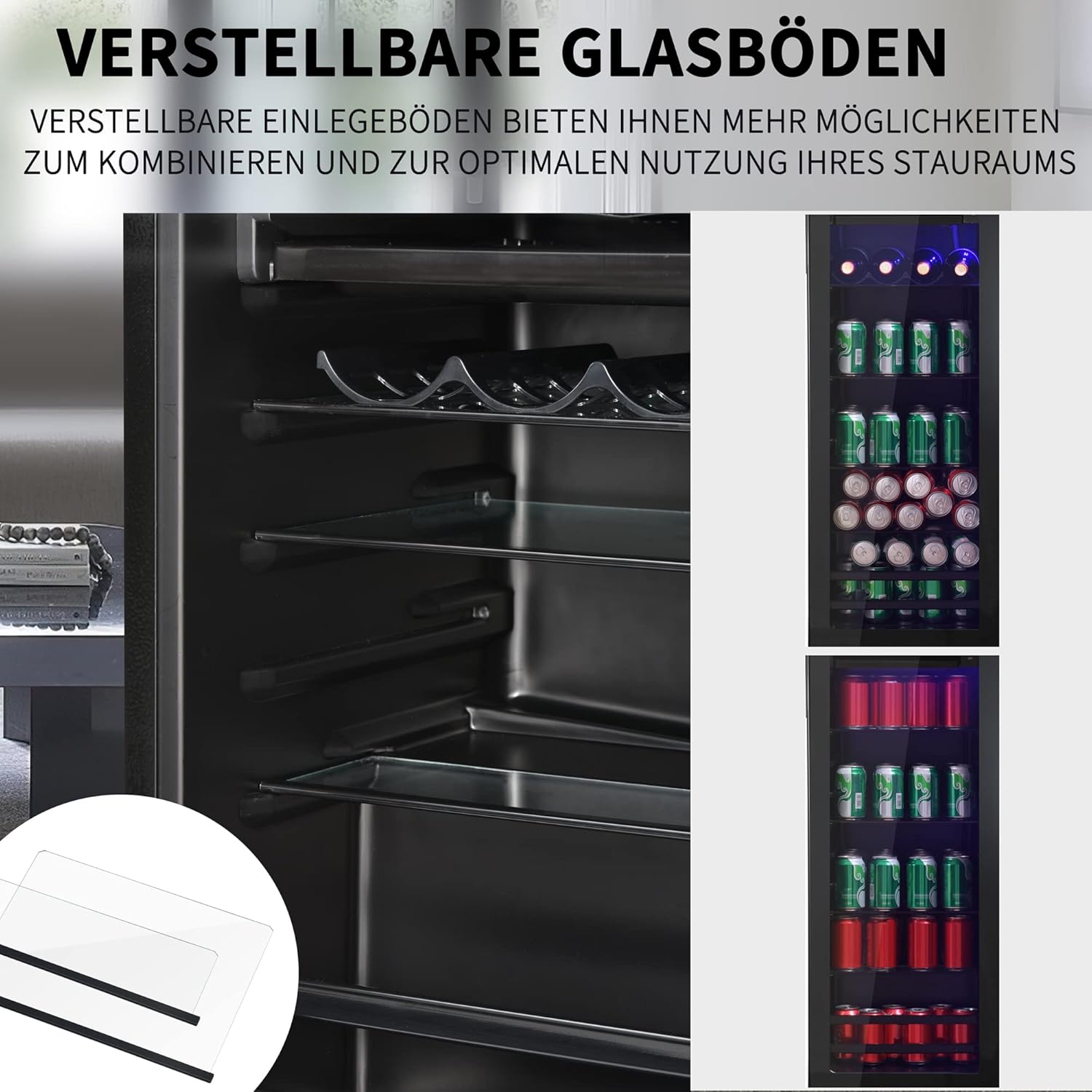 Merax Kühlschrank 128L, Freistehend Getränkekühler mit 120L-Kühlschrank + 8L-Gefrierschrank, mit LED-Innenbeleuchtung und Verstellbare Einlegeböden, Superleise für Restaurant, Bar, Getränke und Bier