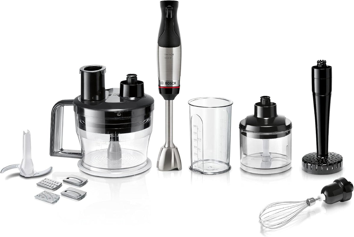 Bosch Stabmixer ErgoMaster Serie 6 MSM6M673, 10 Jahre Motorgarantie, Edelstahl-Klingen, verschleifreie Keramik-Kupplung, Luftkühlung, Zerkleinerer, Kartoffelstampfer, Schneebesen, 1000 W