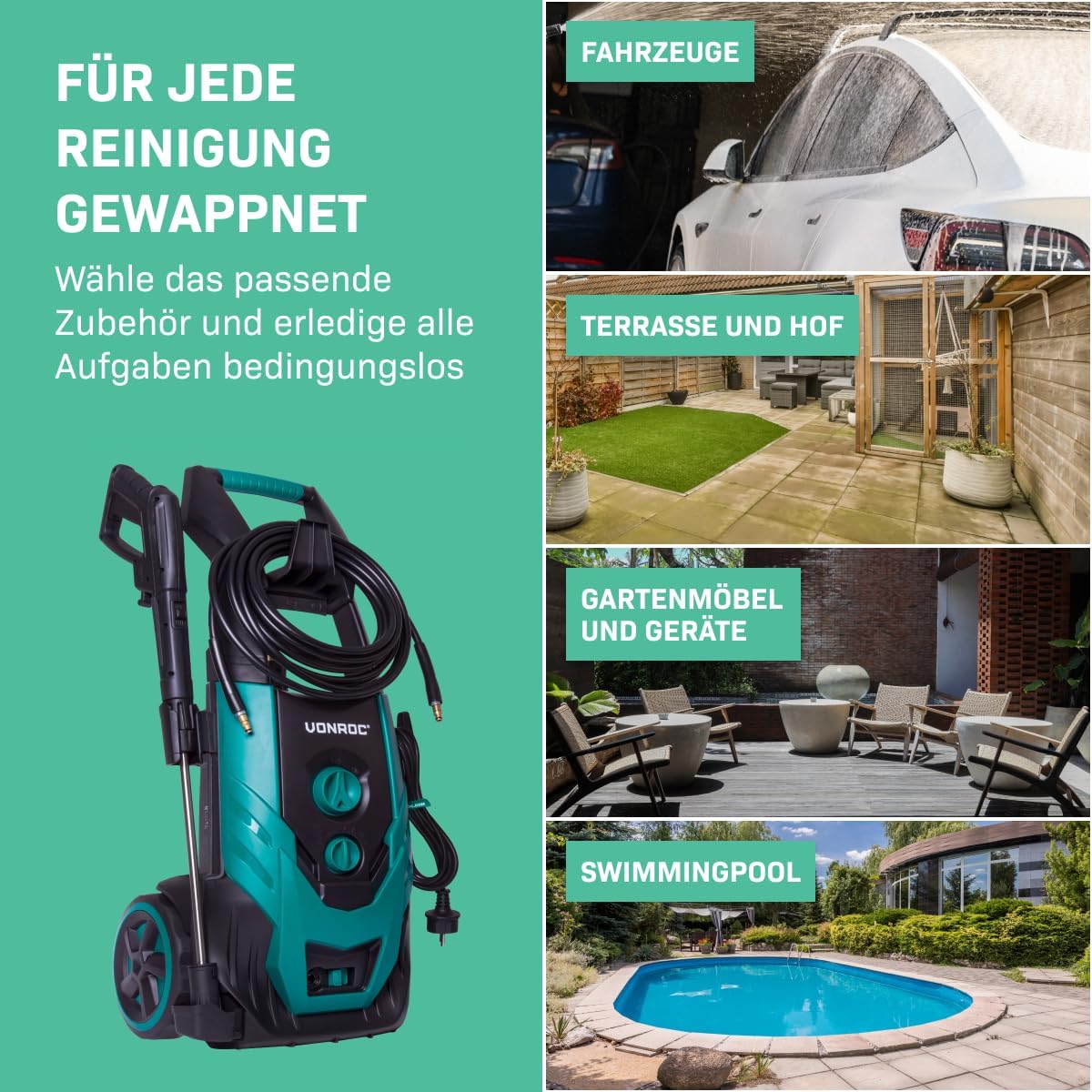 VONROC Profi Hochdruckreiniger 195bar - Fassadenreiniger für schwere Reinigungsarbeiten [2500W] - Hoher Durchfluss [468 l/h] Reinigungstank, Aluminium Pumpe - inkl. Terassenreiniger