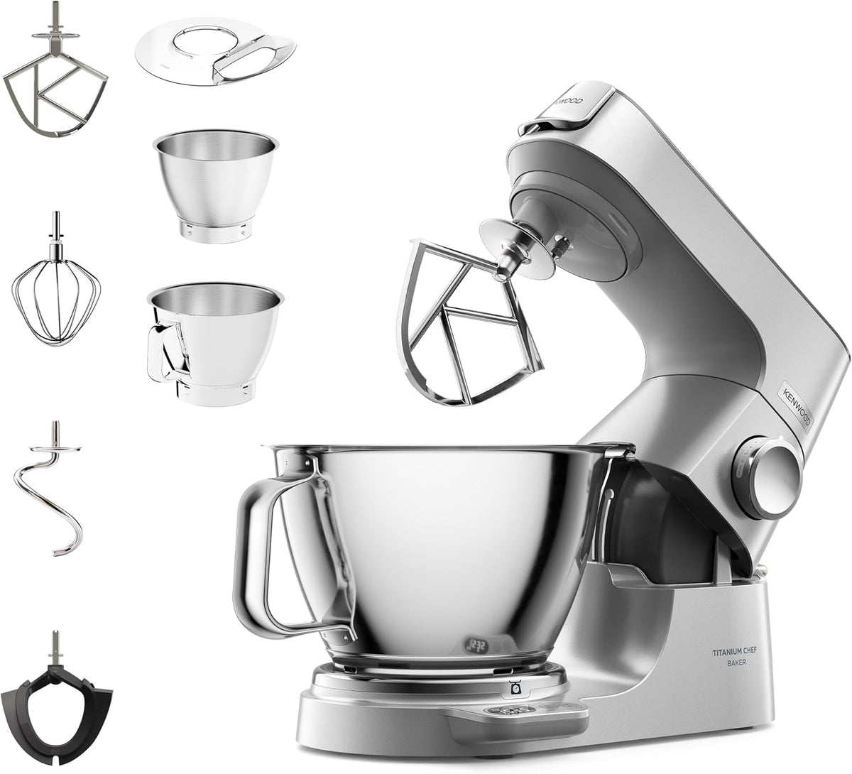 Kenwood Titanium Chef Baker KVL85.424SI Küchenmaschine mit integrierter Waage, inkl. 4-teiligem Patisserie-Set, 7 L und 5L Rührschüssel, stufenloser Geschwindigkeitsregler, 1200 W, Silber