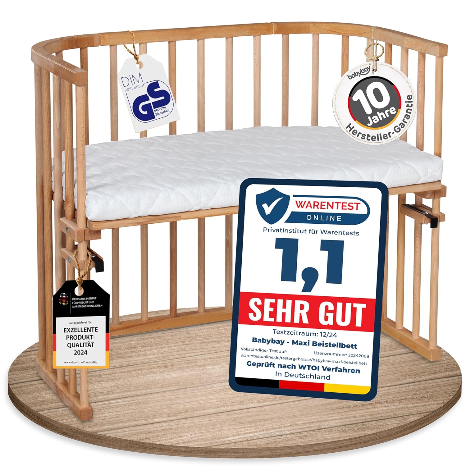 babybay Original Beistellbett aus massivem Buchenholz / kompakt & verwandelbar / Kinderbett Höhe stufenlos verstellbar & umweltfreundlich / mitwachsendes Babybett (weiß lackiert) / inkl. Matratze