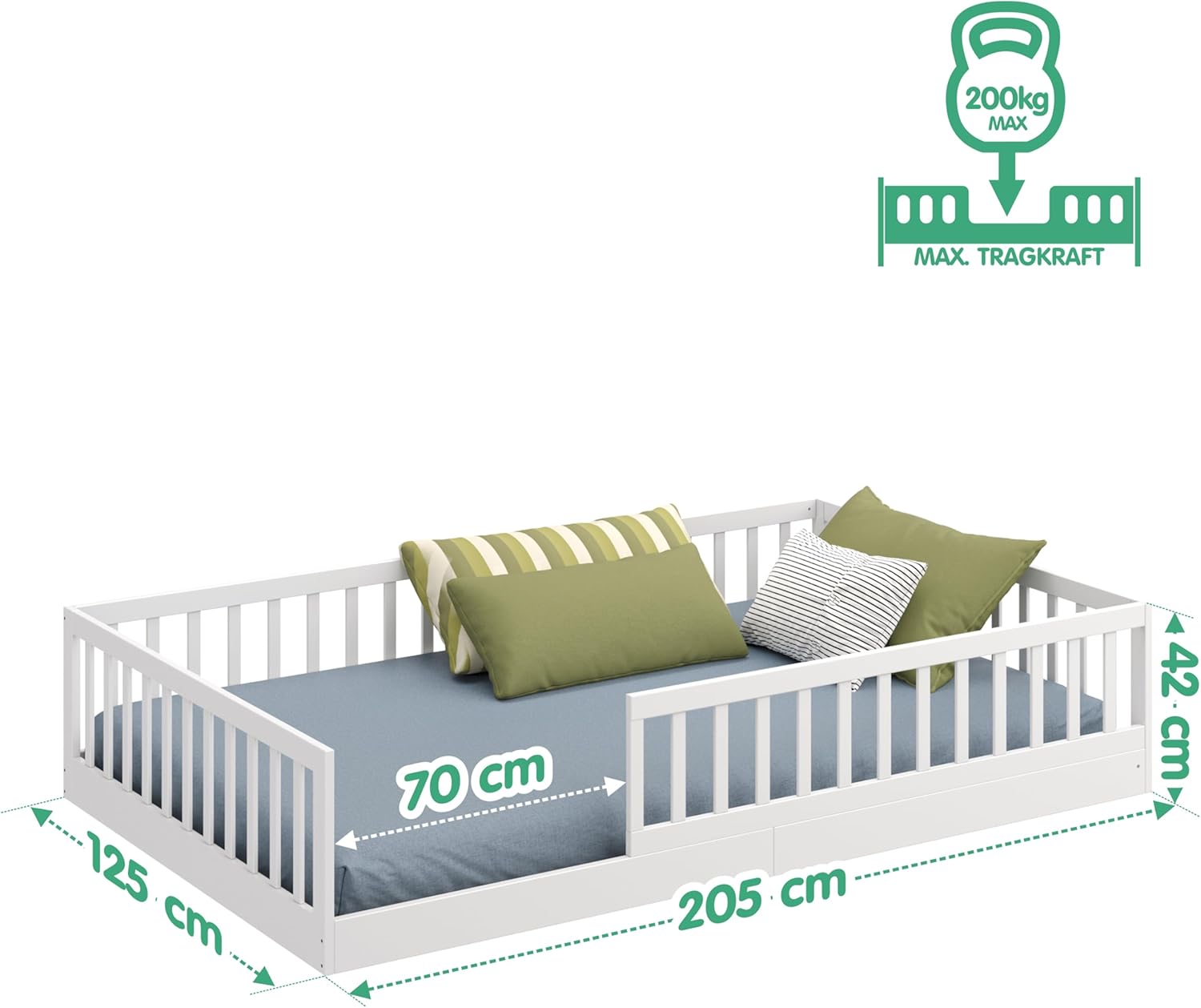 CADANI Timi 2in1 Bodenbett 140x200 cm Montessori Kinderbett mit abnehmbaren Rausfallschutz inkl. Lattenrost, Kiefer Massivholz, weiß - 3 Aufbauvarianten, bis 200 kg belastbar, umbaubar
