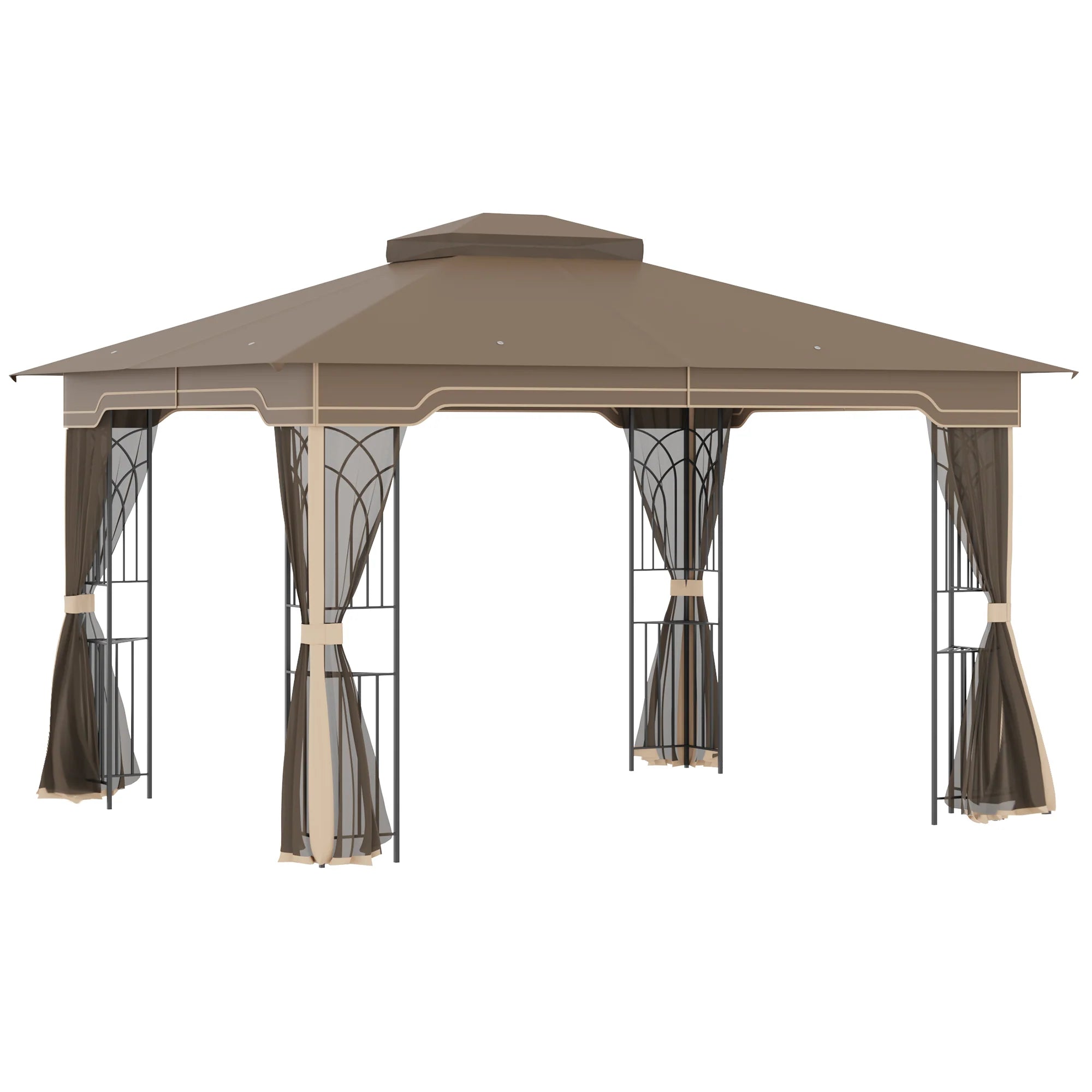 Outsunny Gartenpavillon 3,65 × 3 m mit Doppeldach & Moskitonetz – Braun/Beige