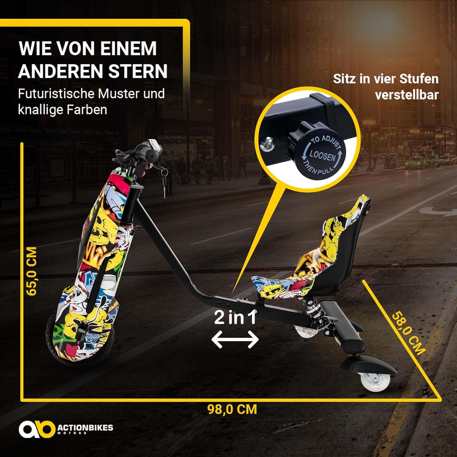 Actionbikes Motors Kinder Elektro Driftscooter | 𝟐𝟓𝟎 Watt Motor - Drift Cart 360°- 3 Geschwindigkeitsstufen - LED-Beleuchtung - Sitz verstellbar - Bluetooth - Drift Kart - Drift Auto (Space Purple)