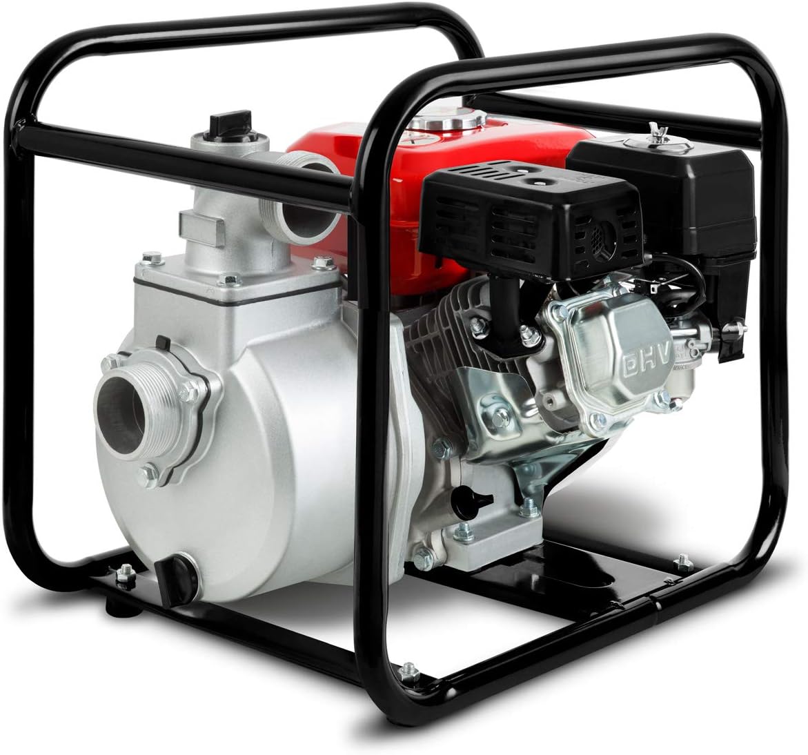EBERTH 5,5PS Wasserpumpe mit 30.000l/h und 30m Förderhöhe, 2 Zoll Anschluss, Gartenpumpe Schmutzwasserpumpe mit 4-Takt-Motor und 7m Ansaughöhe, Benzin Pumpe, Seilzugstart, Metallfuß, Tragegriff