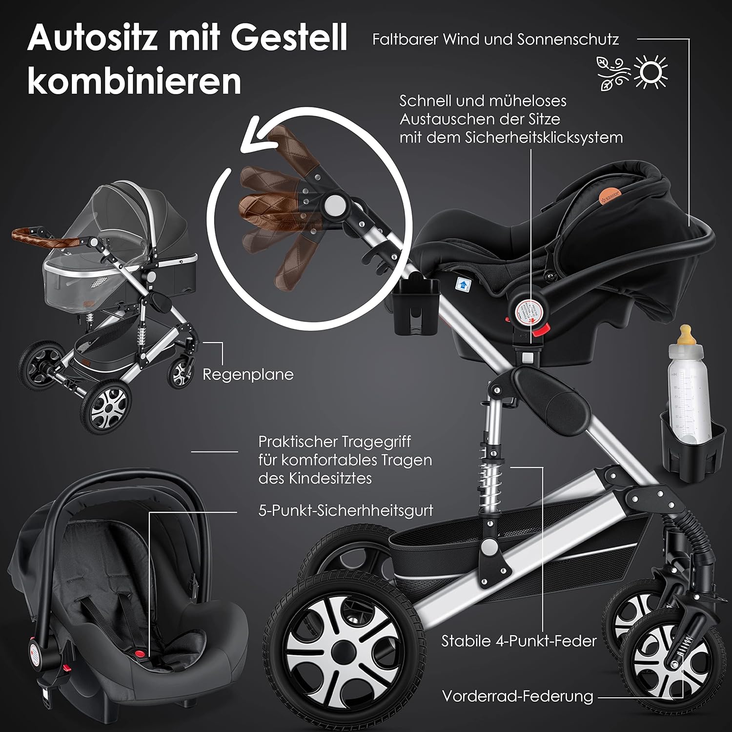 KESSER Loops 3 in 1 Kinderwagen Kombikinderwagen Komplett-Set inkl. Babywanne & Buggy Sportsitz & Auto-Babyschale Voll-Gummireifen Wickeltasche Regenschutz Kindertisch ECE R129, Schwarz/Champagne