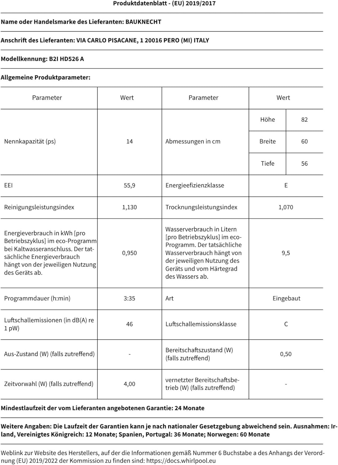 Bauknecht B2I HD526 A Vollintegrierbarer Geschirrspüler/60 CM/Hygiene-Programm/Vollwasserschutz/Startzeitvorwahl/ Selbstreinigungsprogramm