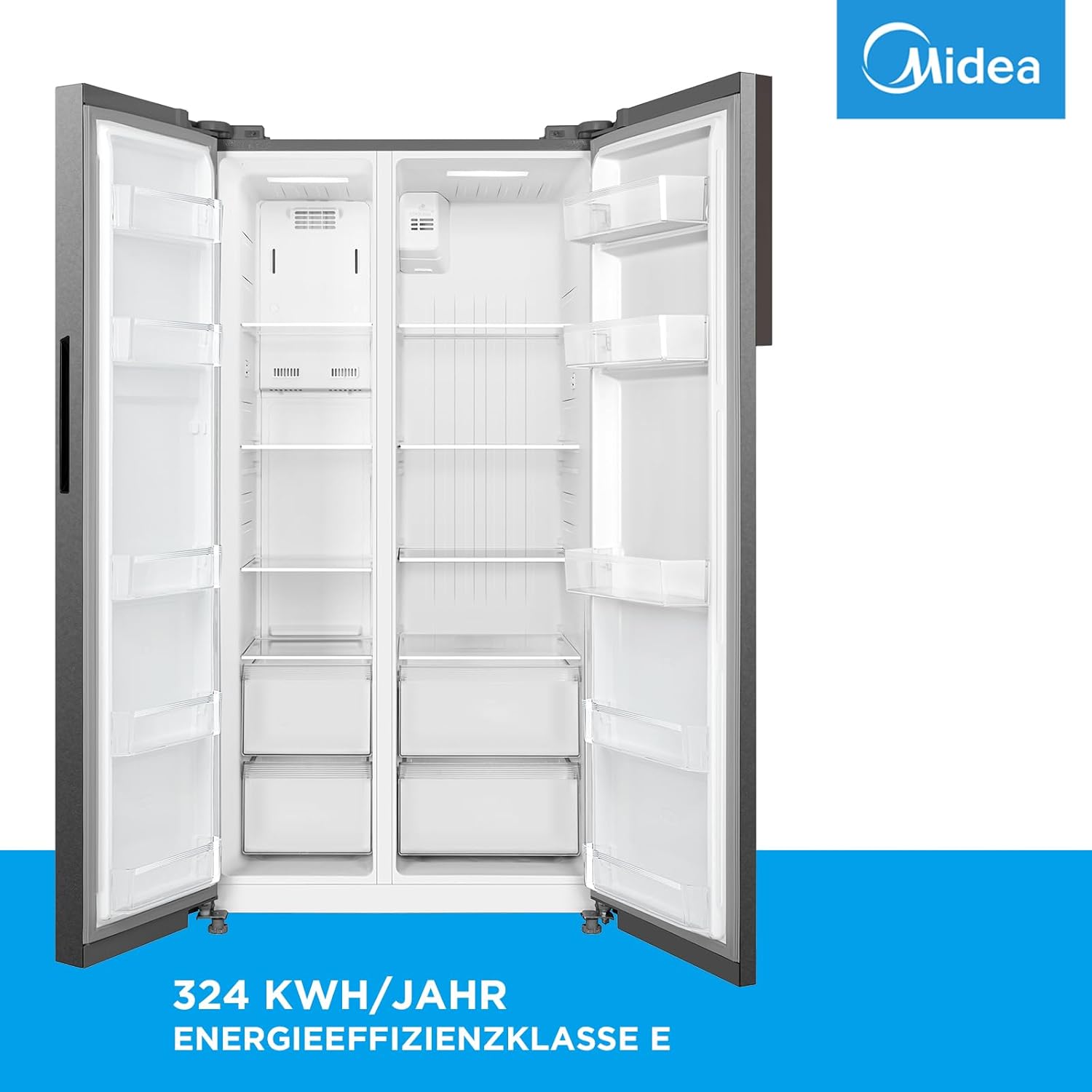 Midea KS-DDX 6.32 WT Side-by-Side Kühl-/Gefrierkombination/ 178,8 cm Hhe/ 254 kWh/Jahr/No Frost/Dual Inverter Compressor/mit 3in1 Wasser-/Eisspender und Wassertank, Dark Inox