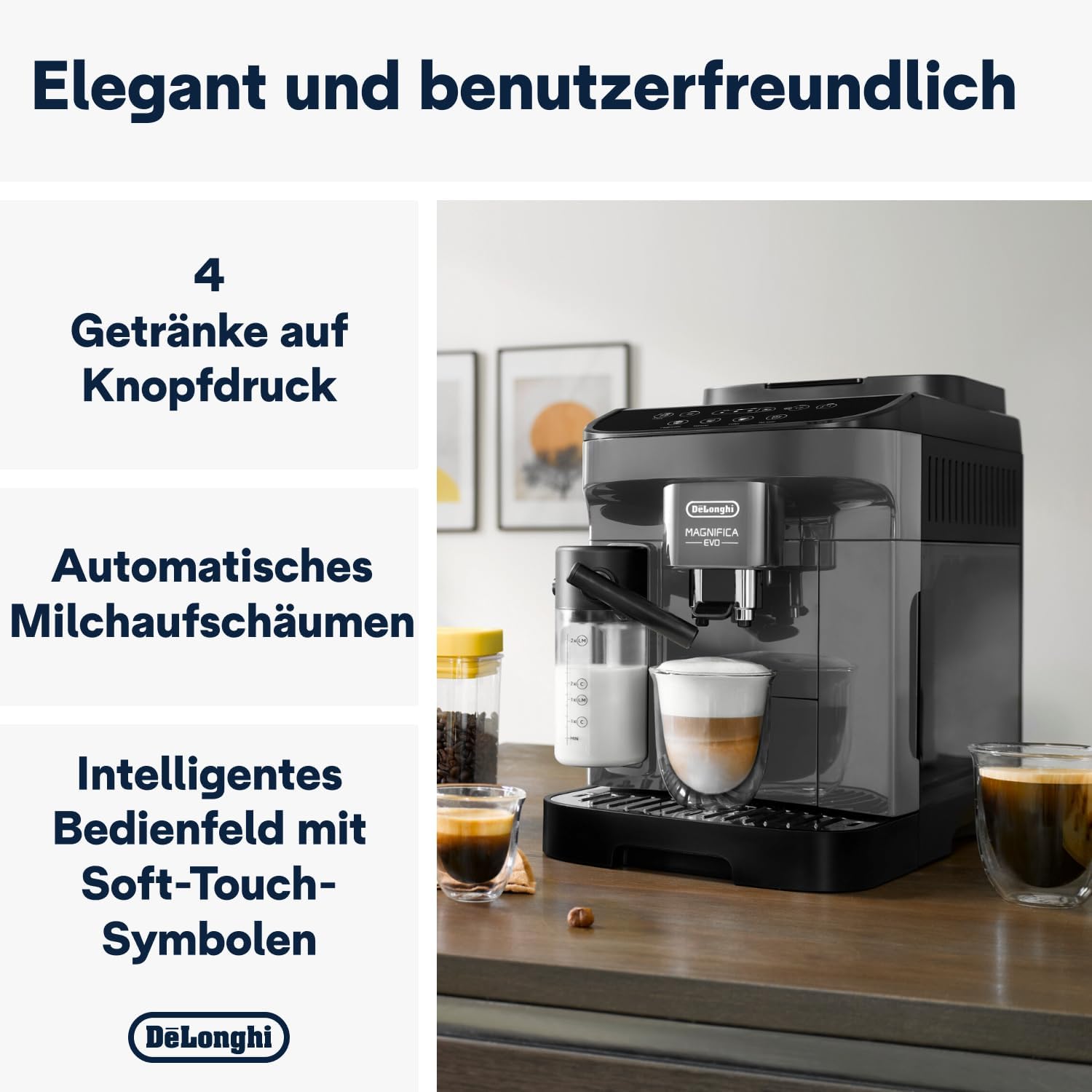 De'Longhi Magnifica Evo ECAM 292.81.B Kaffeevollautomat mit LatteCrema Milchsystem, 7 Direktwahltasten für Cappuccino, Espresso und weitere Kaffeespezialitäten, 2-Tassen-Funktion, Schwarz