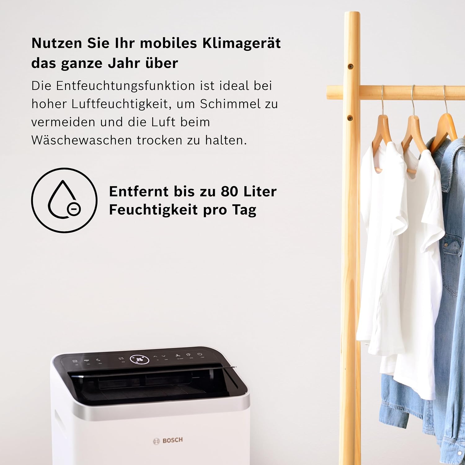 Bosch Cool 4000 Mobiles Klimagerät - 3-in-1: Klimagerät, Luftentfeuchter, Ventilator - 2,6 kW für Räume bis zu 35m² - Mit Auto-Modus, Silent-Modus & Sleep-Modus
