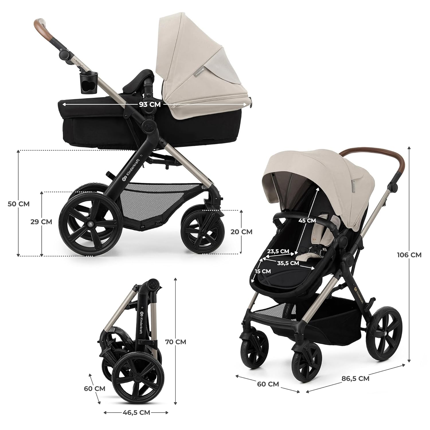 Kinderkraft MOOV2 AIR Kinderwagen 3 in 1 Kinderwagenset bis 26 kg mit Kindersitz I-SIZE 40-75 cm, Buggy Funktion, Liegeposition verstellbar, Große ausziehbare Verdeck, Aufblasbare Räder, Schwarz