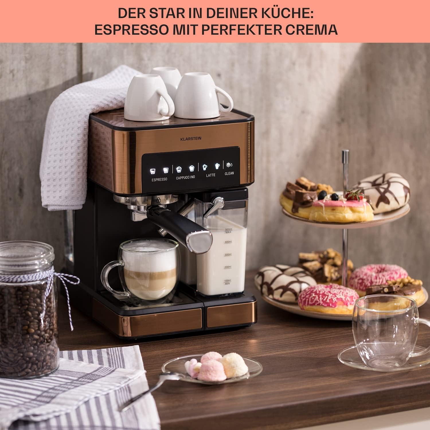 Klarstein Espresso Siebträgermaschine mit Milchaufschäumer, 1,8L Mini-Espressomaschine mit Siebträger, 20 Bar, Edelstahl, Klein, 0,5L Milchtank, 1350W Kaffeemaschine für Gemahlenen Kaffee