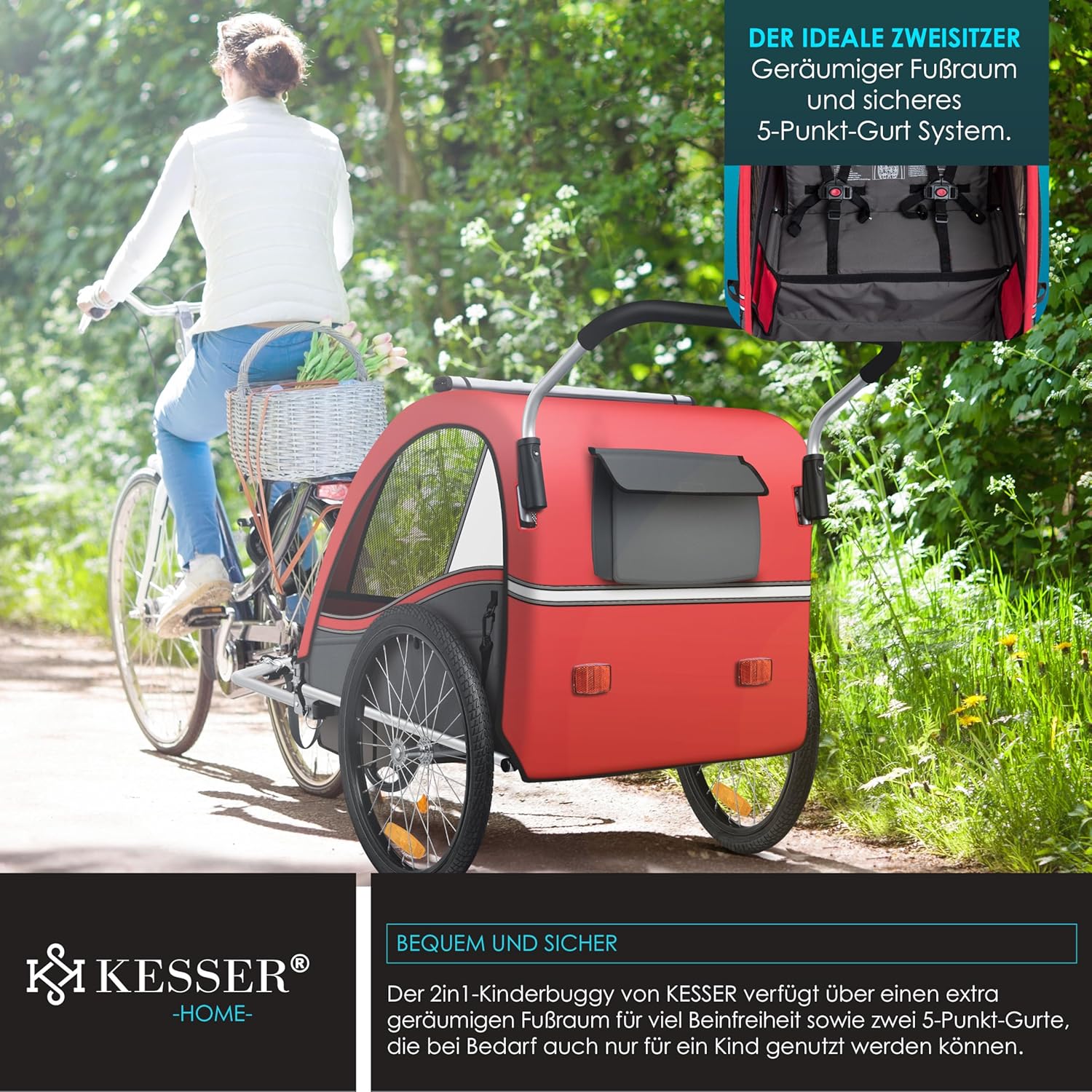 KESSER Kinderfahrradanhänger Sport-RX 2in1 Jogger & Buggy 5-Punkt-Gurt Sicherheitsgurt 360° Vorderrad Kinderfahrradanhänger Reflektoren für 1-2 Kinder (max. 40 kg) Getränkehalter & Smartphonefach