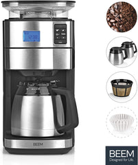 BEEM FRESH-AROMA-PERFECT II Filterkaffeemaschine mit Mahlwerk - Thermo | Edelstahl | Thermokanne | 24h-Timer | 1000 W | 180 g Bohnenbehälter