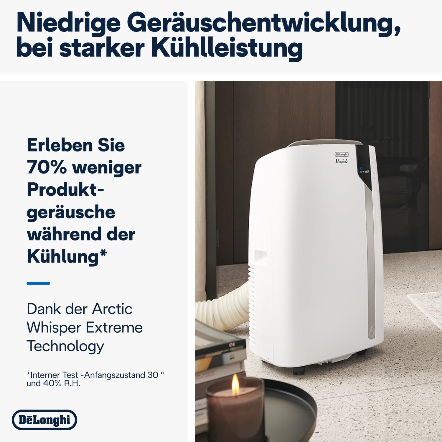 De'Longhi Pinguino PAC EM82, Mobile Klimaanlage für Rume bis zu 80 m, 9.400 BTU, 2,4 kW, 63 dB, Entfeuchtungsfunktion, Energieklasse A, 24h-Timer, Wei