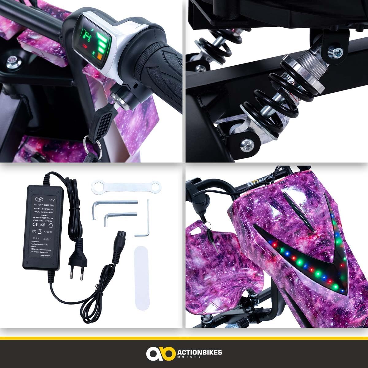 Actionbikes Motors Kinder Elektro Driftscooter | 𝟐𝟓𝟎 Watt Motor - Drift Cart 360°- 3 Geschwindigkeitsstufen - LED-Beleuchtung - Sitz verstellbar - Bluetooth - Drift Kart - Drift Auto (Space Purple)
