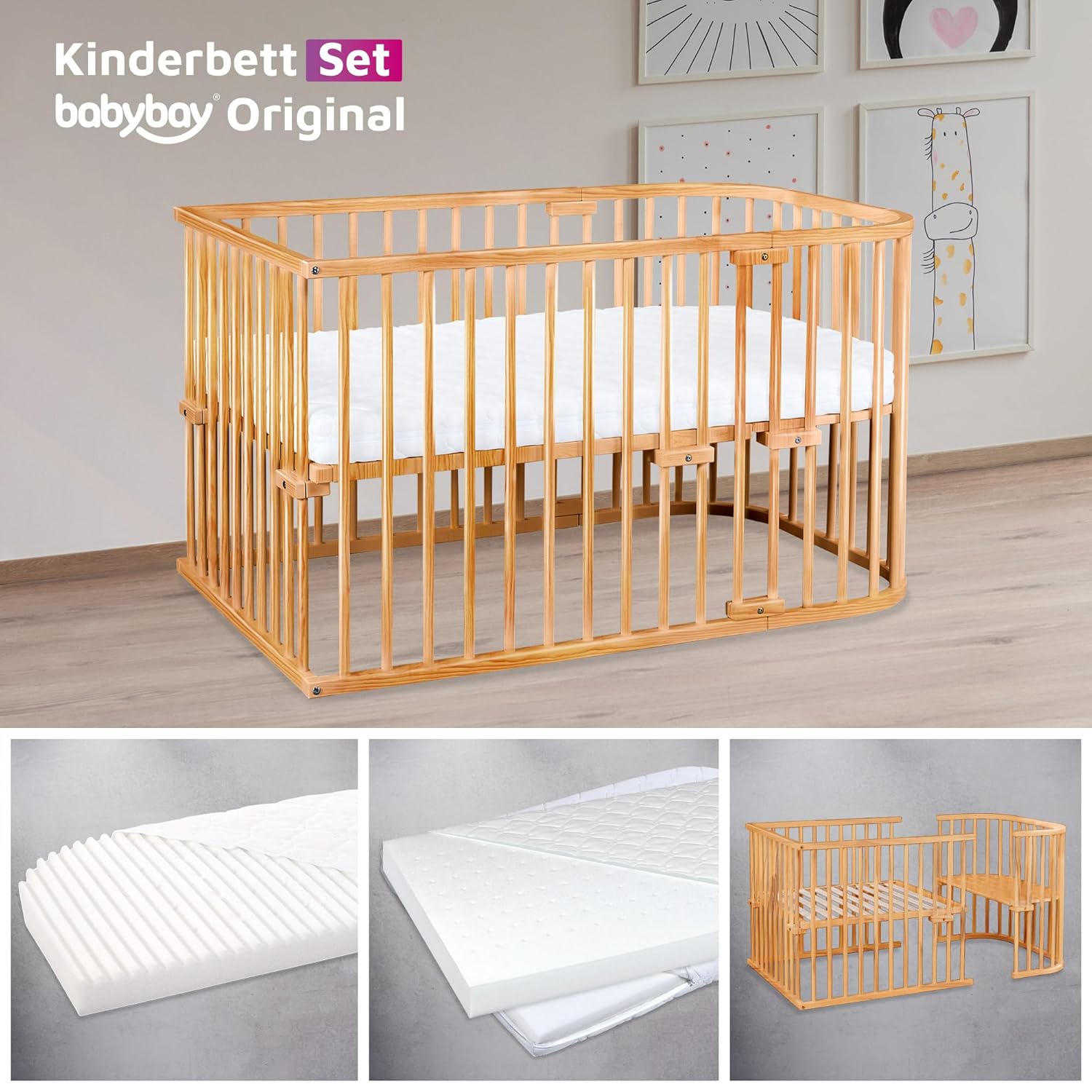 babybay Original Beistellbett aus massivem Buchenholz / kompakt & verwandelbar / Kinderbett Höhe stufenlos verstellbar & umweltfreundlich / mitwachsendes Babybett (weiß lackiert) / inkl. Matratze