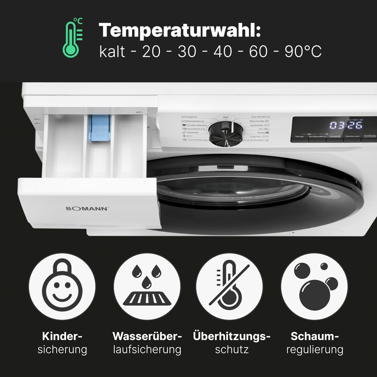 Bomann Waschmaschine 7kg | max. 1400 U/min | 10 Jahre Motor-Garantie | effizienter, leiser & langlebiger Invertermotor | 15 Programme | Endzeitvorwahl | LED-Display | Washing Machine | WA 7175 wei