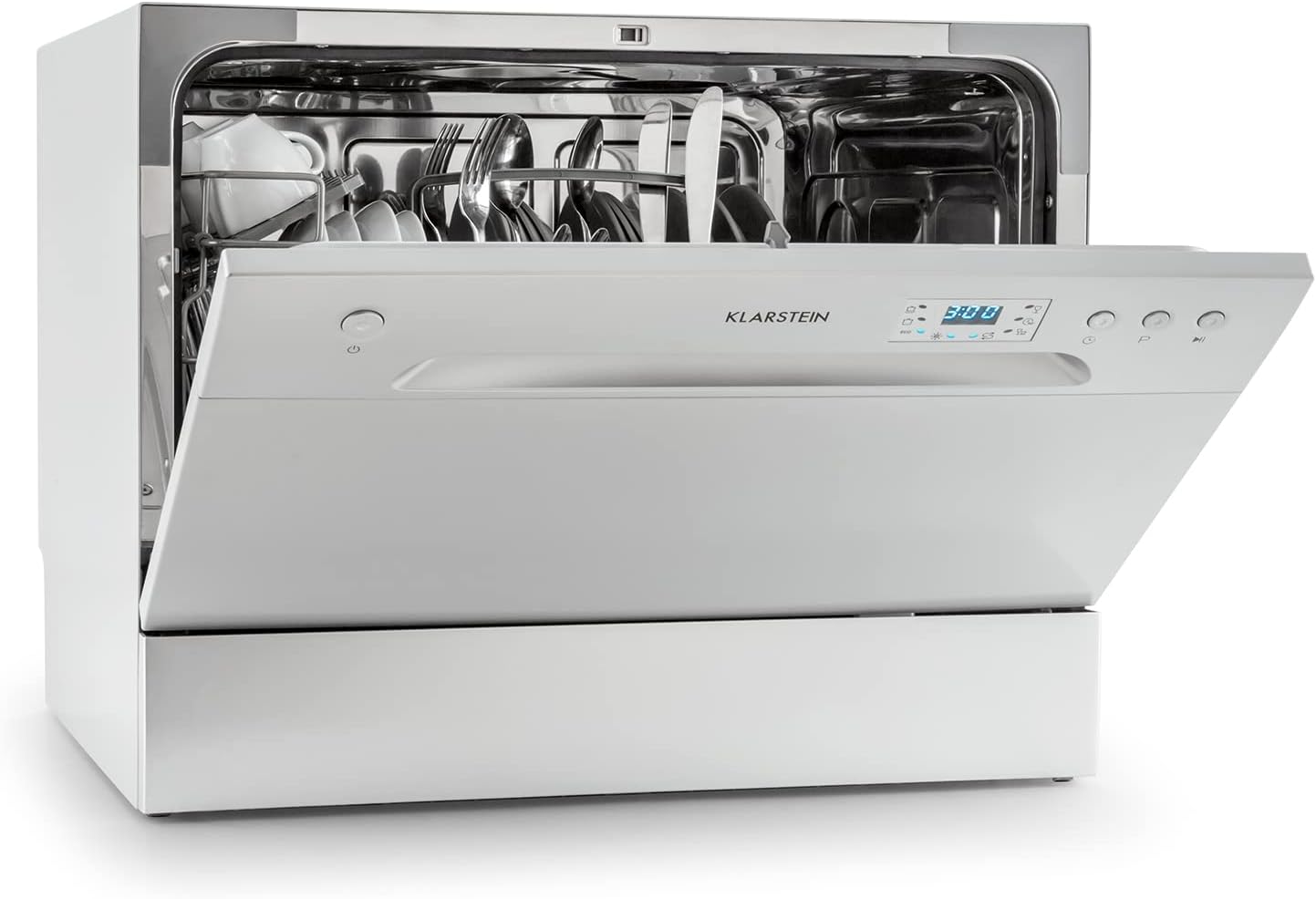 Klarstein ia 8 - Spülmaschine, Geschirrspüler, Freistehend, Teilintegriert, F, 55 cm breit, 8 Maßgedecke, 6 Programme, Aquastop, silber