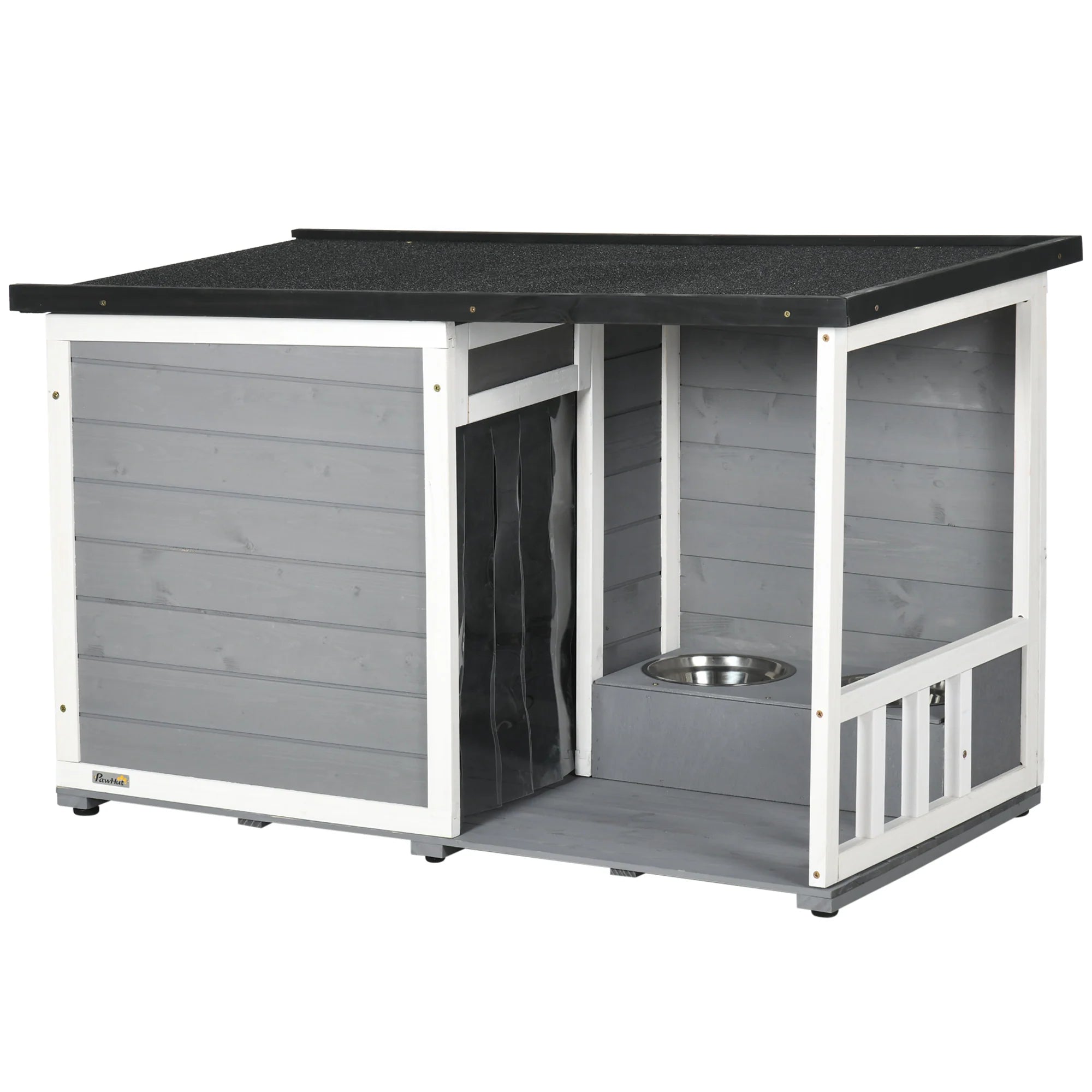 PawHut Hundehütte mit überdachter Veranda und Futternäpfen Outdoor